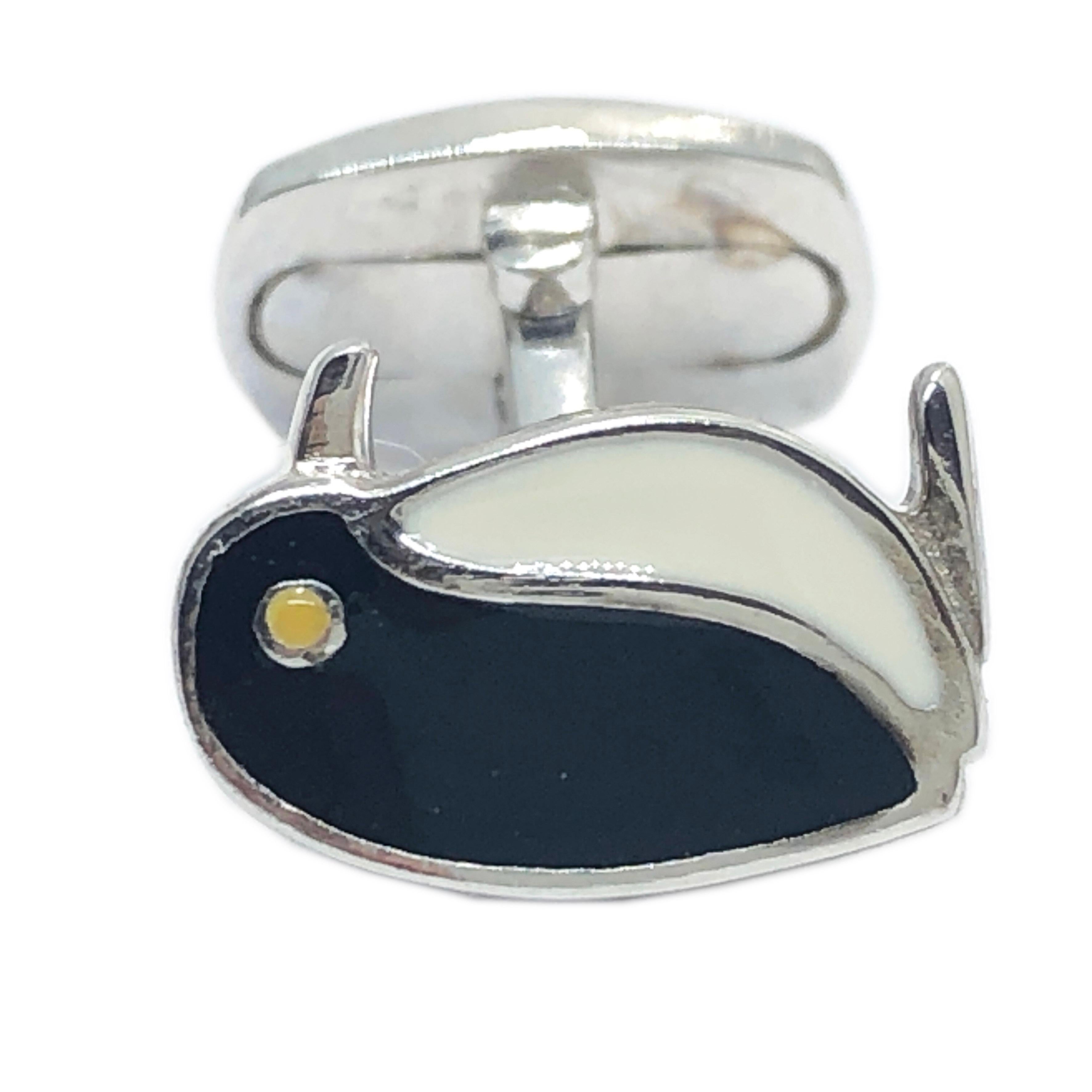 Unique, Chic Black and White Hand Enamelled Little Penguin Shaped T-Bar Back, Sterling Silver Cufflinks.
In our smart black box.
