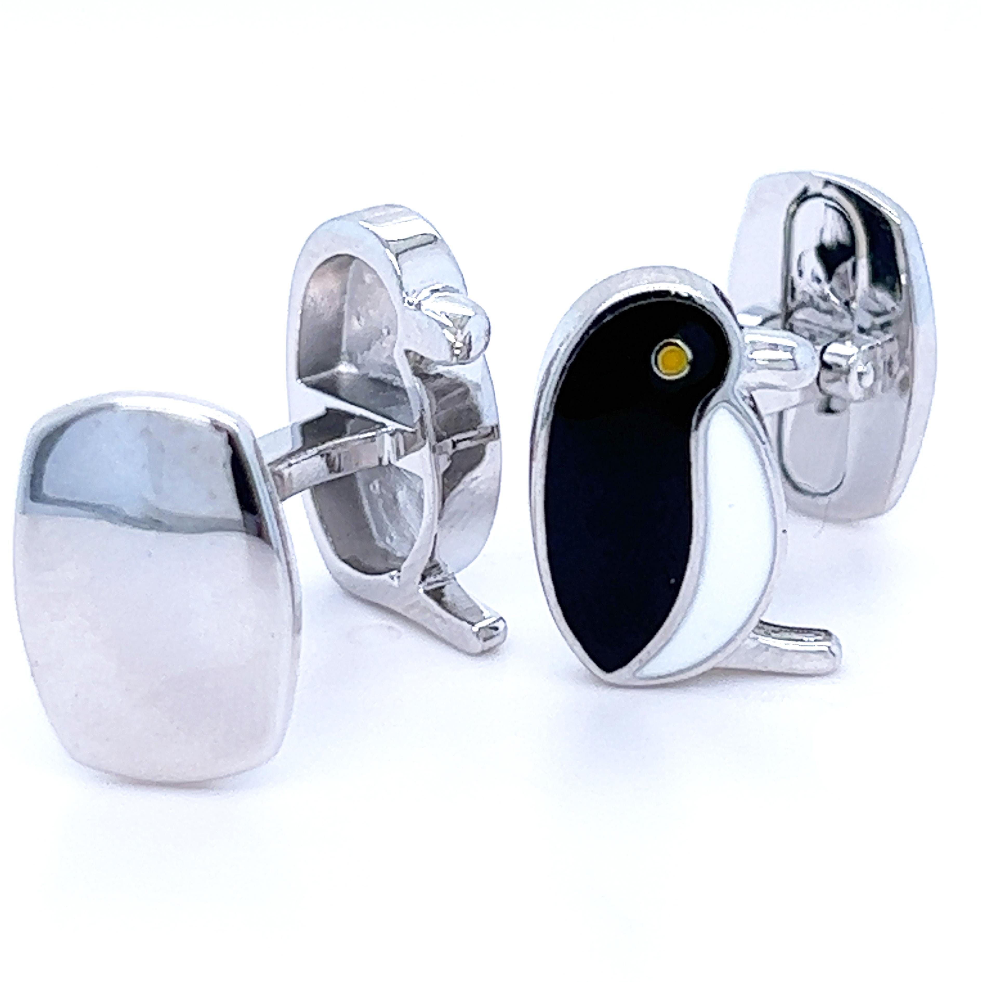 Schwarz-Weiße hand emaillierte Penguin-Manschettenknöpfe aus Sterlingsilber (Zeitgenössisch) im Angebot