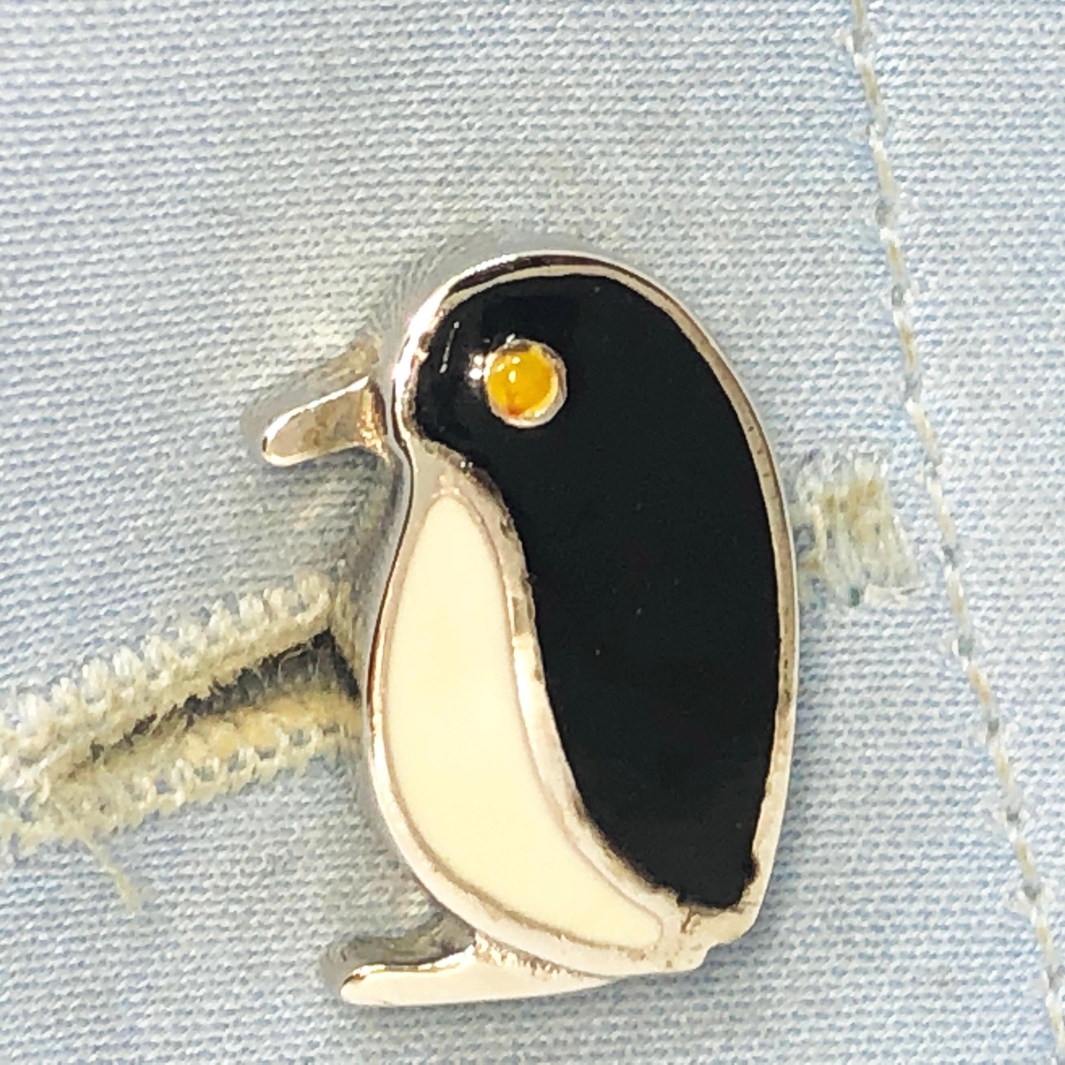 Women's or Men's Black White Hand Enameled Penguin Shaped Sterling Silver Cufflinks For Sale