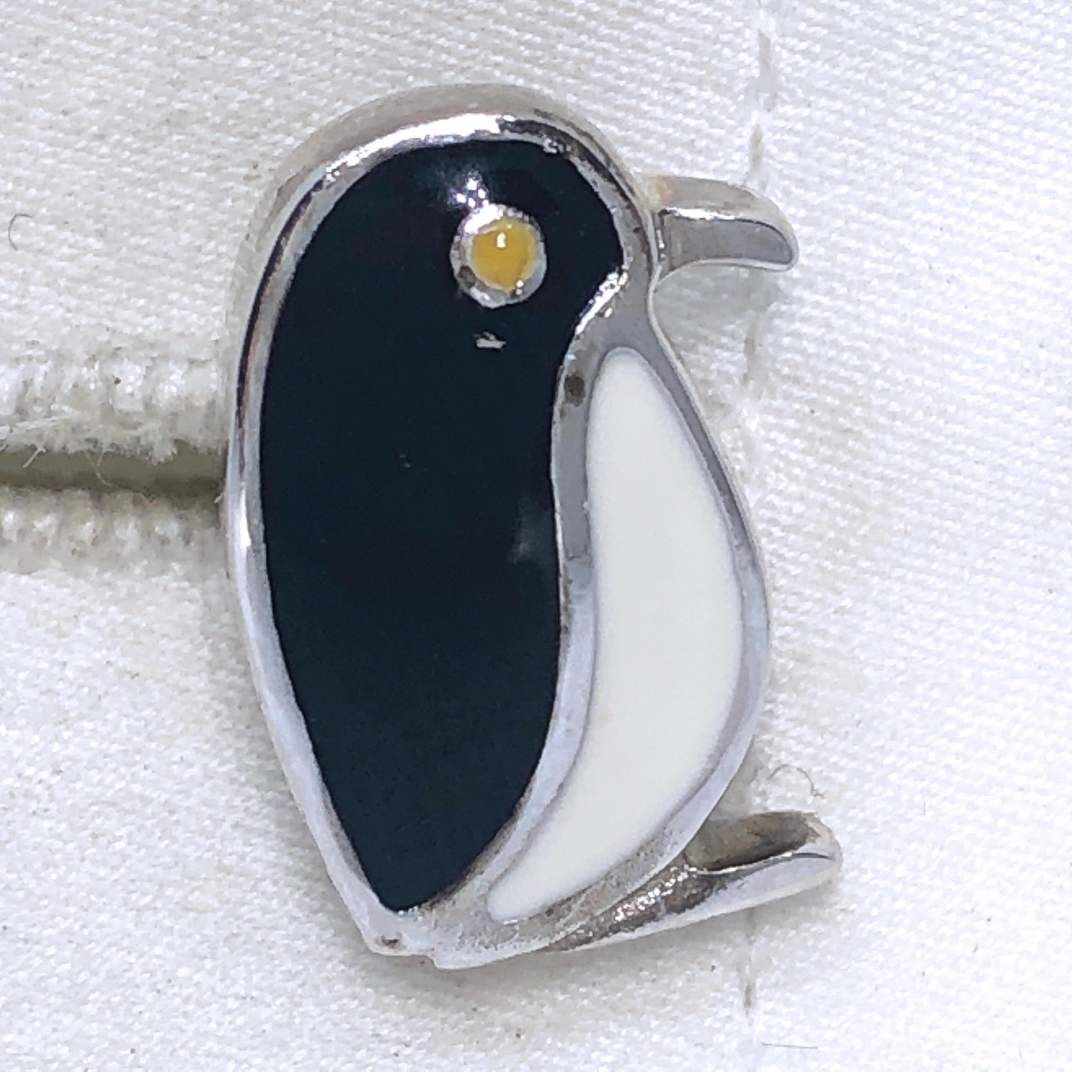 Black White Hand Enameled Penguin Shaped Sterling Silver Cufflinks For Sale 1