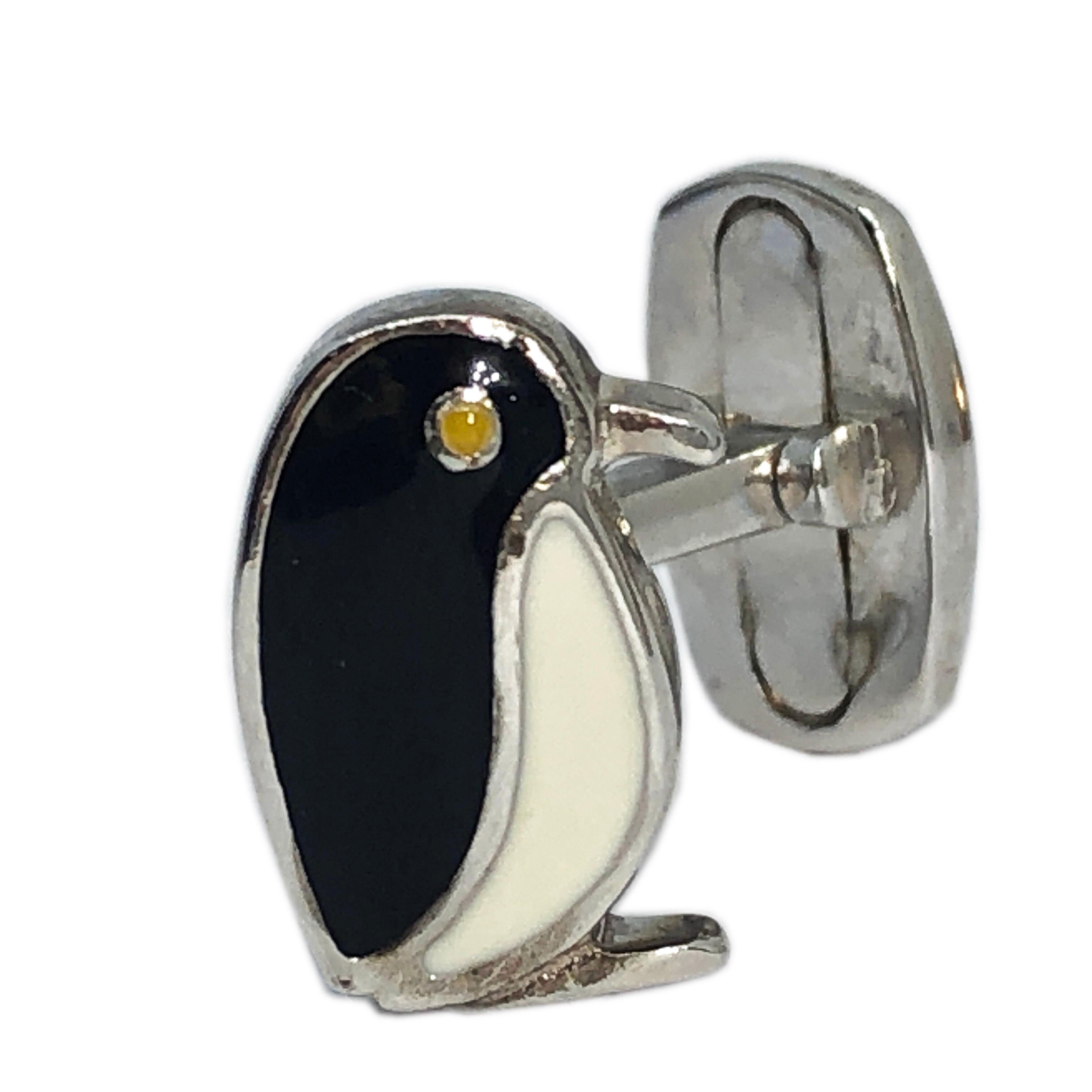 Black White Hand Enameled Penguin Shaped Sterling Silver Cufflinks For Sale 2