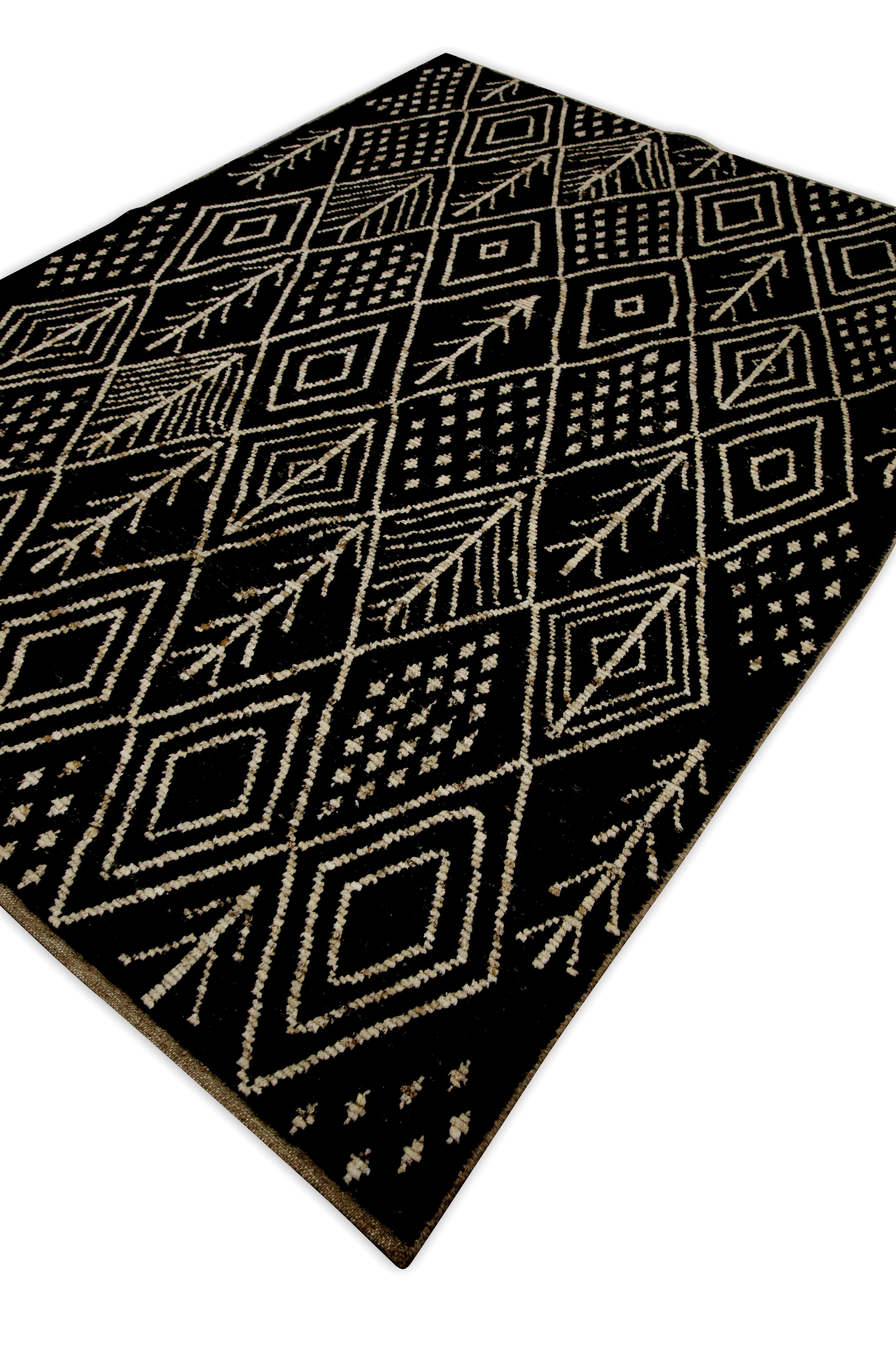 Contemporary Black & White Handmade Wool Modern Turkish Rug in Geometric Design 6'3