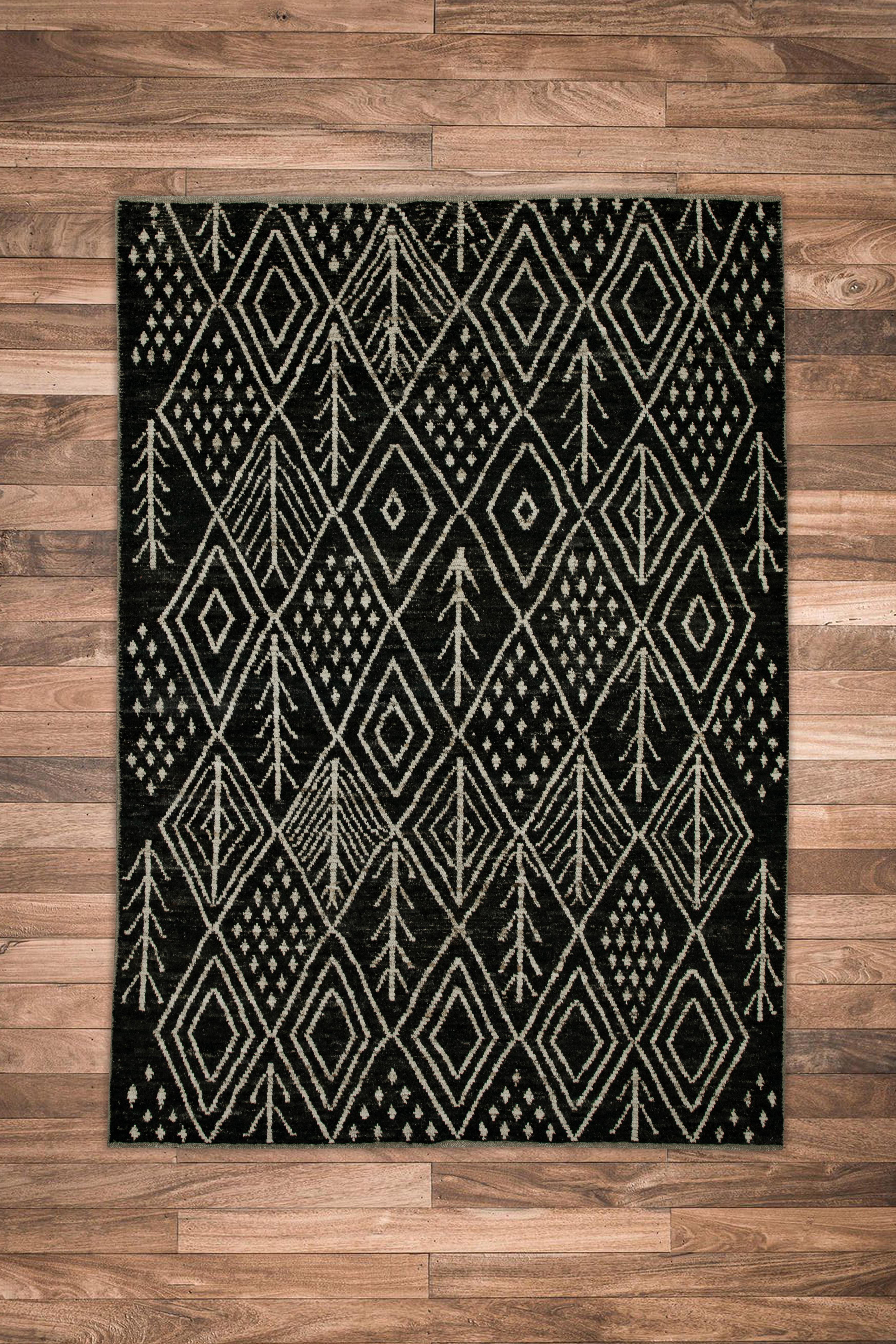Handgefertigter moderner türkischer Teppich aus Wolle in geometrischem Design in Schwarz & Weiß 6'3