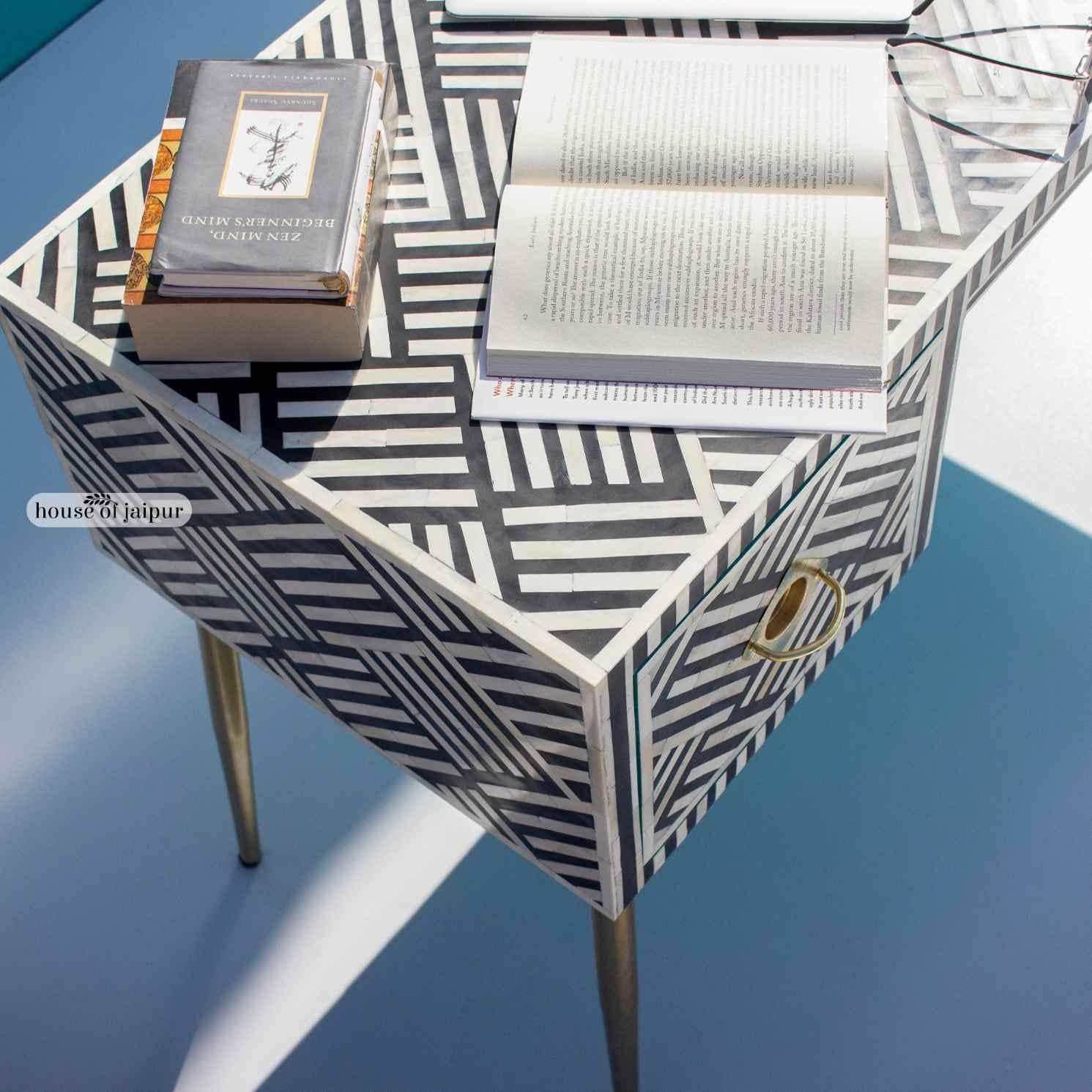 Agra Black & White Inlay Desk - Geometric Tessellation Pattern by House of Jaipur For Sale