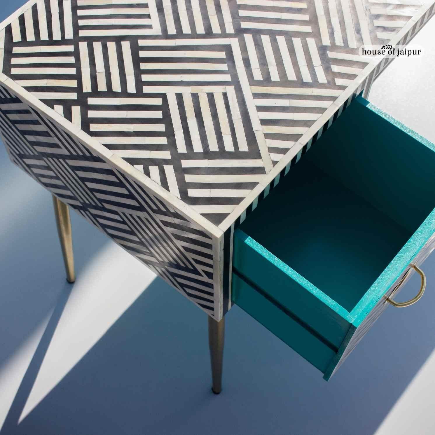 Black & White Inlay Desk - Geometric Tessellation Pattern by House of Jaipur In New Condition For Sale In New York, NY