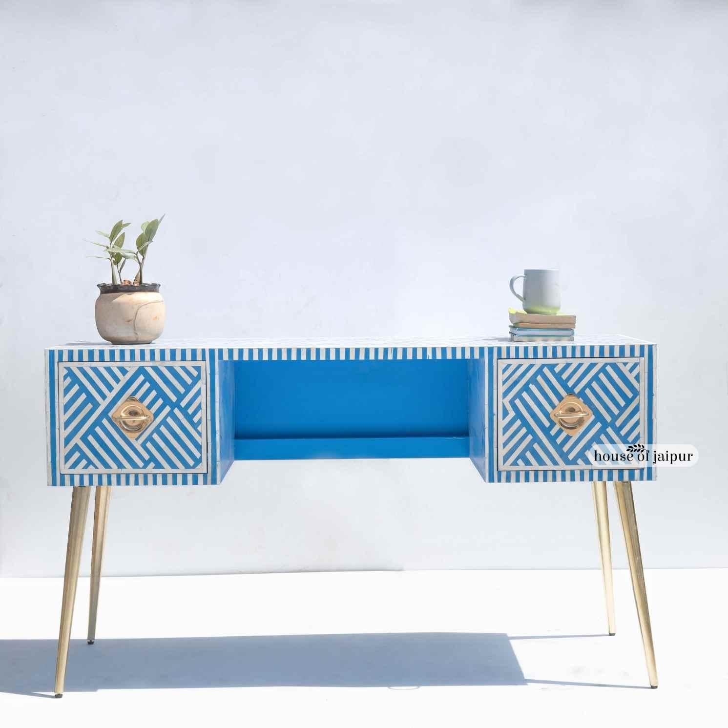 Bone Black & White Inlay Desk - Geometric Tessellation Pattern by House of Jaipur For Sale