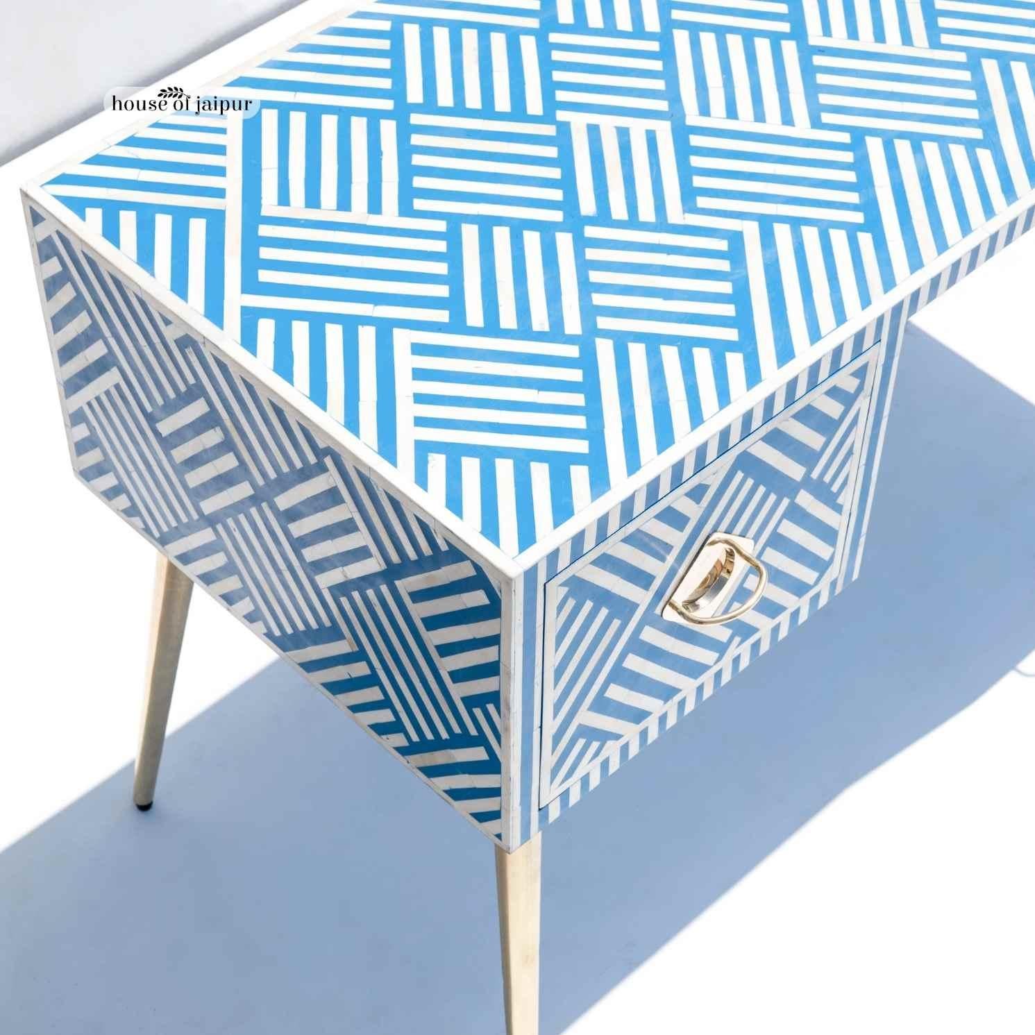 Black & White Inlay Desk - Geometric Tessellation Pattern by House of Jaipur For Sale 1