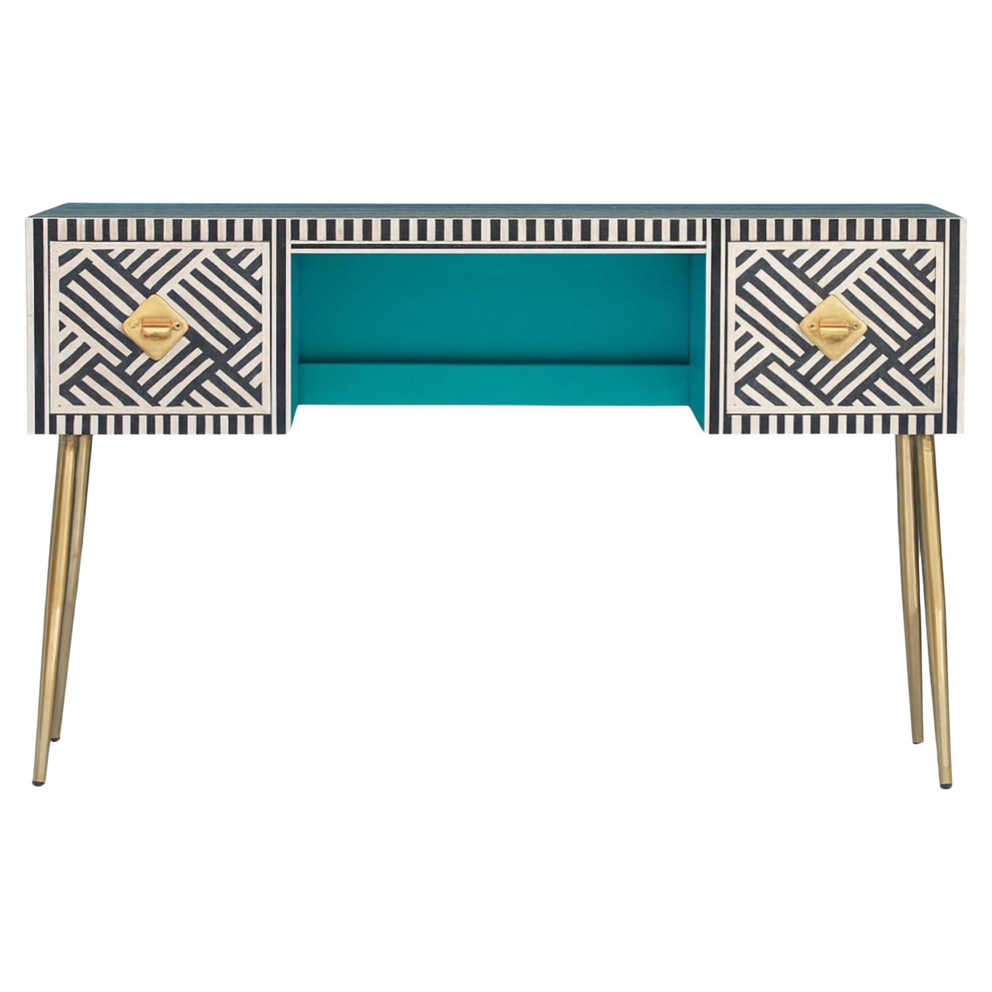 Black & White Inlay Desk - Geometric Tessellation Pattern by House of Jaipur For Sale