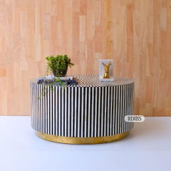 Black & White Line Pattern Bone Inlay Round Coffee Table by House of Jaipur