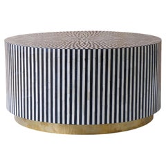 Black & White Line Pattern Bone Inlay Round Coffee Table by House of Jaipur