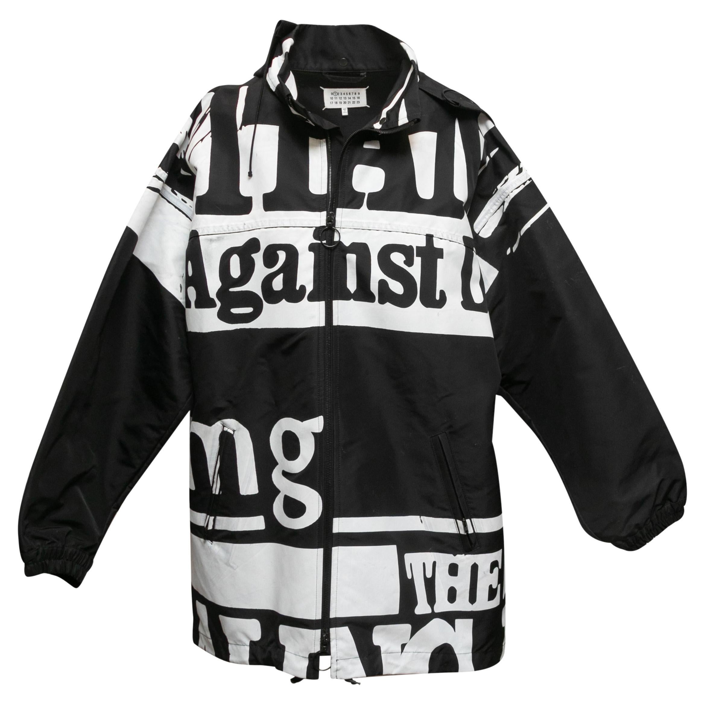 Black & White Maison Margiela Graphic Text Print Parka Size EU 36 For Sale