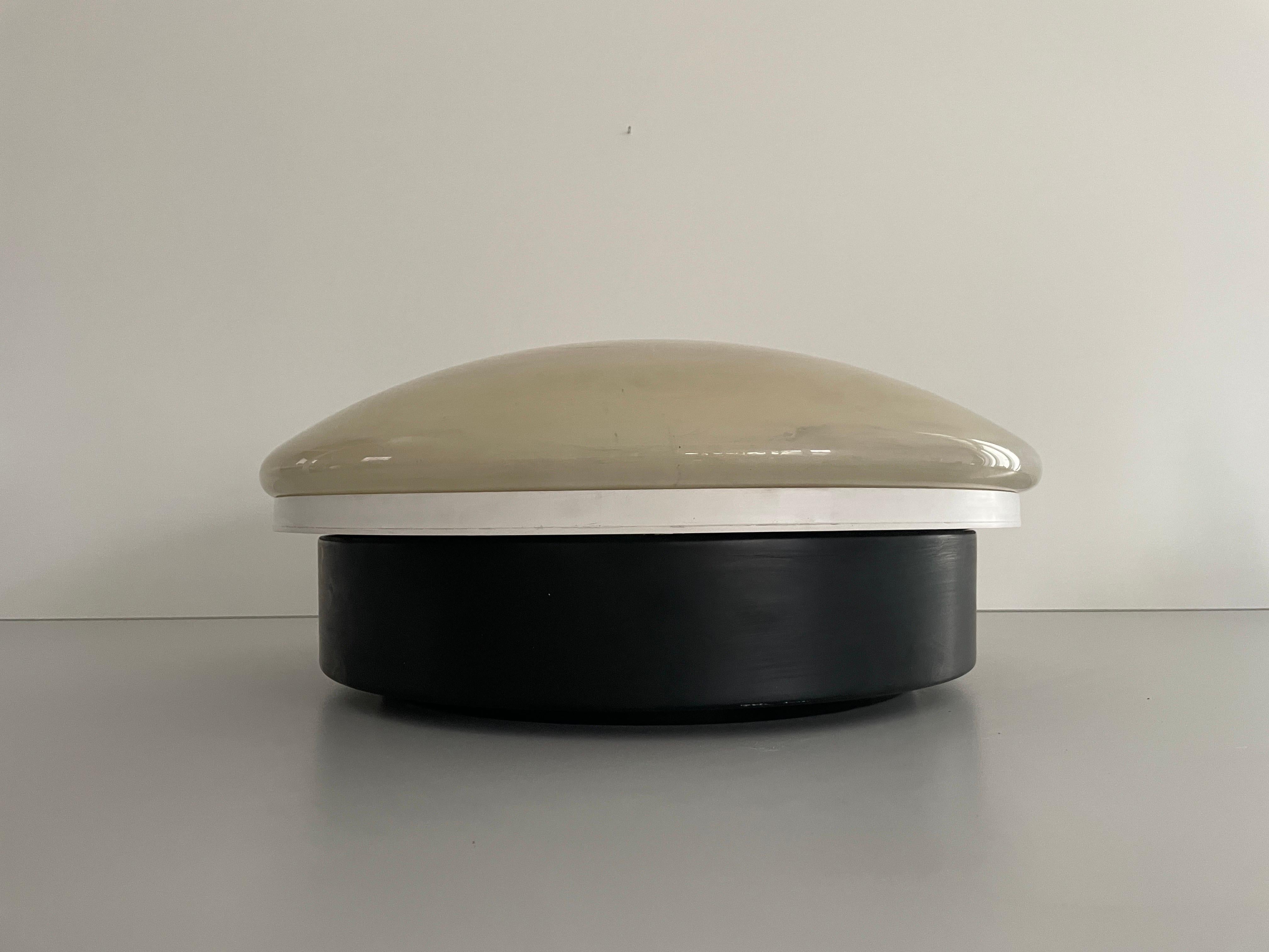 Black-white Metal Body and Plexiglass Mushroom Flush Mount, 1960s, Italy

Lampshade is in very good vintage condition.

This lamp works with 2x fluorescent light bulbs. 
Wired and suitable to use with 220V and 110V for all countries.

Measurements: