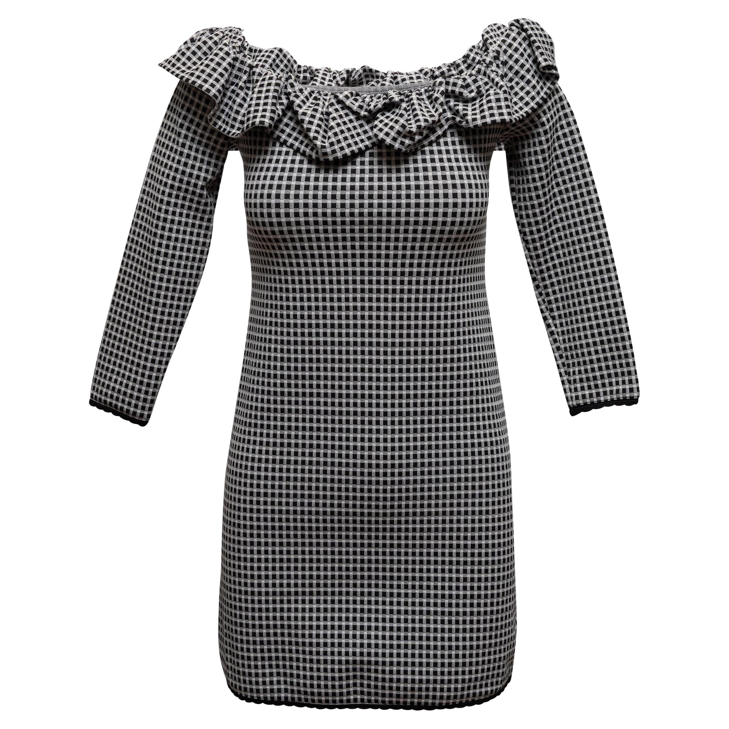 Black & White Miu Miu Gingham Long Sleeve Off-The-Shoulder Dress Size US XS in vendita