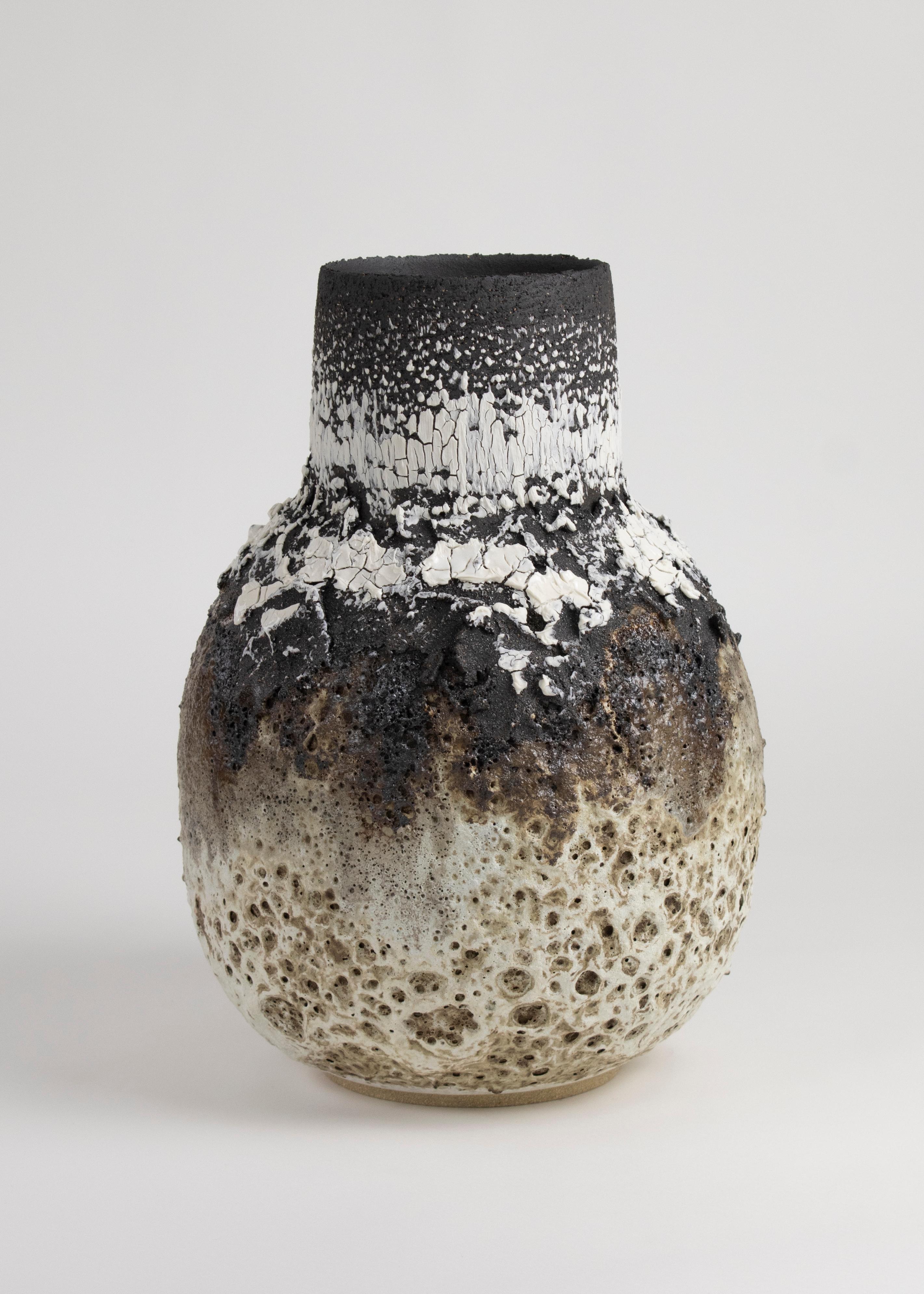 Organic Modern Black, White & Mocha Large Heavily Textured Stoneware, Porcelain Volcanic Vessel For Sale