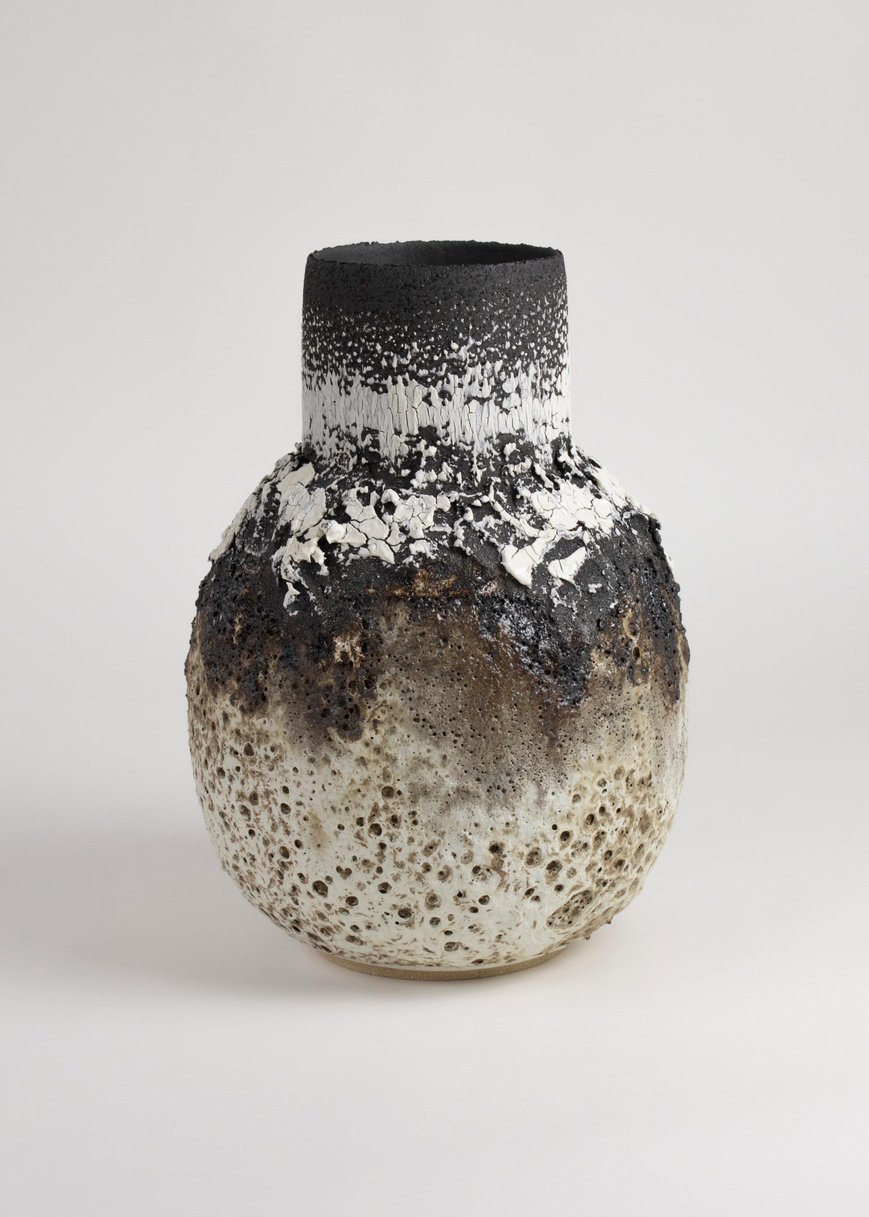 British Black, White & Mocha Large Heavily Textured Stoneware, Porcelain Volcanic Vessel For Sale