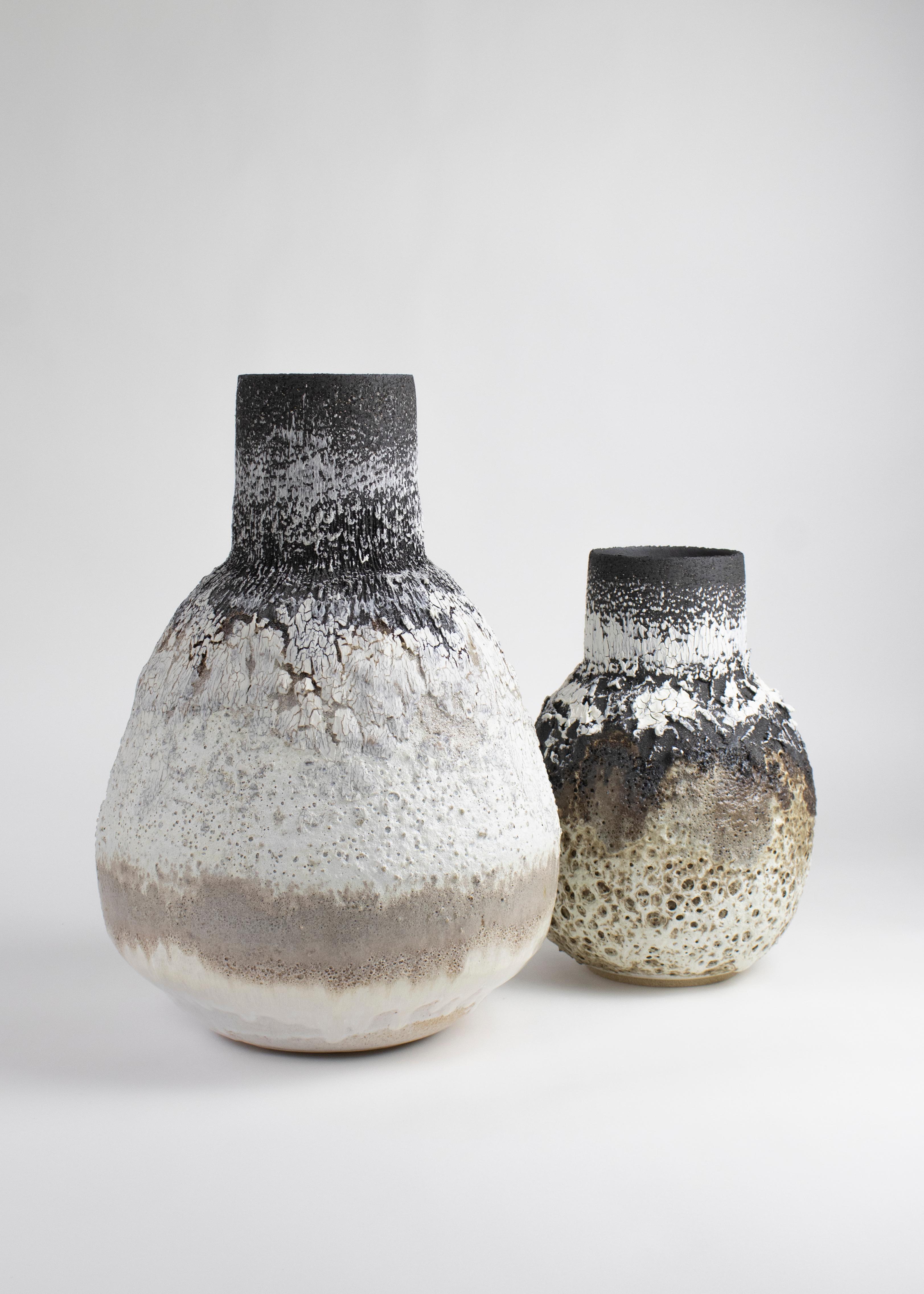 Black, White & Mocha Large Heavily Textured Stoneware, Porcelain Volcanic Vessel In New Condition For Sale In London, GB