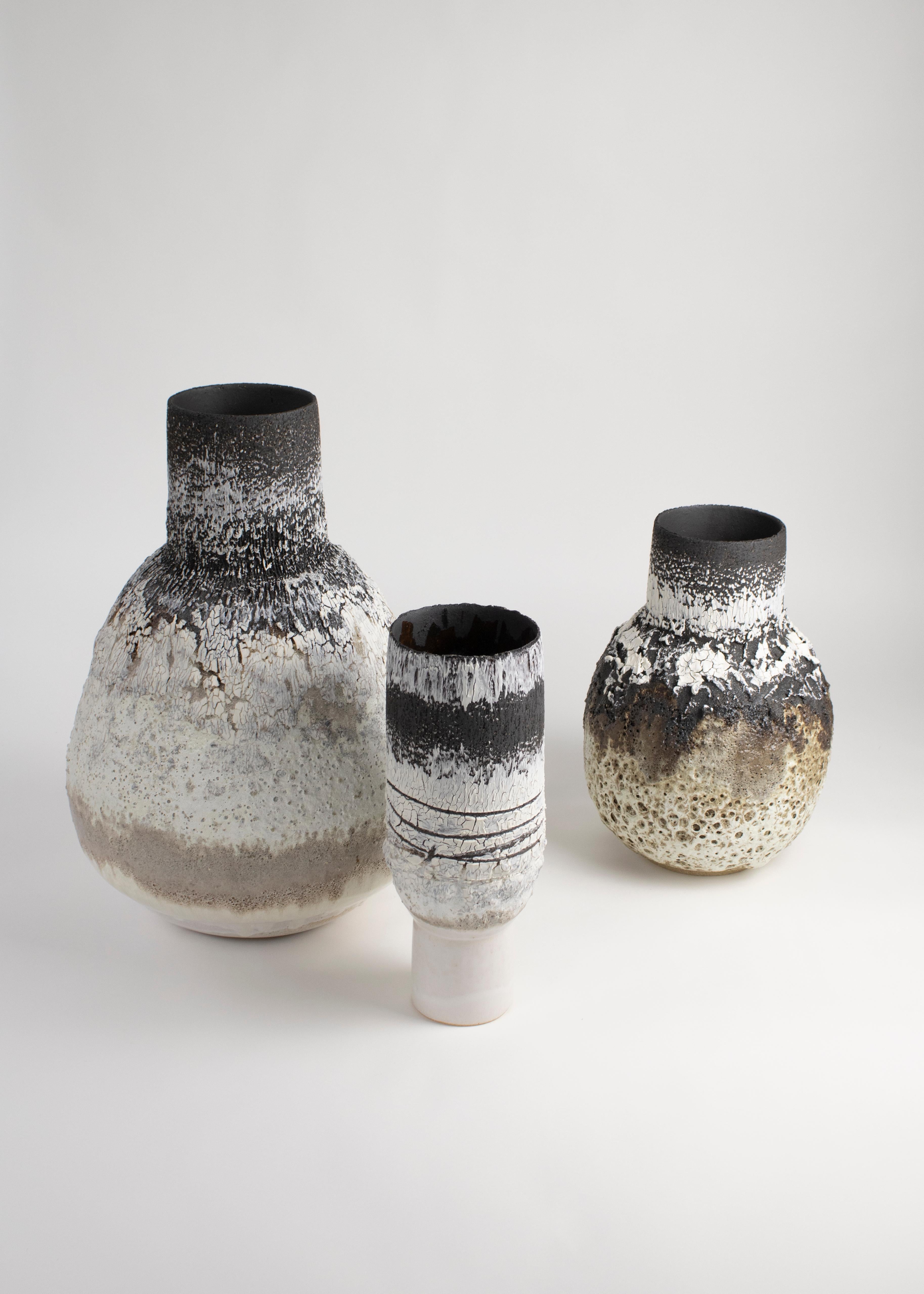 Contemporary Black, White & Mocha Large Heavily Textured Stoneware, Porcelain Volcanic Vessel For Sale