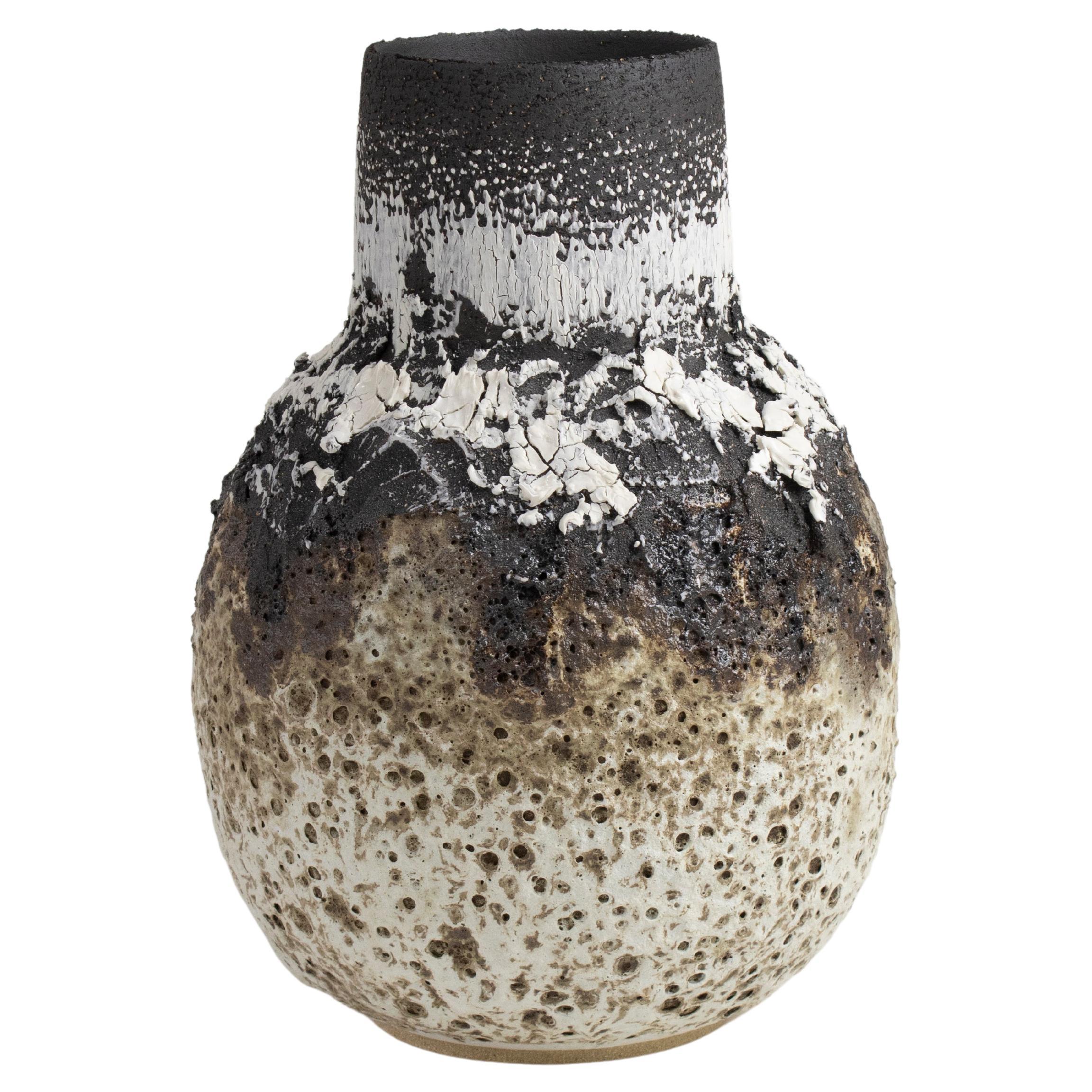 Black, White & Mocha Large Heavily Textured Stoneware, Porcelain Volcanic Vessel