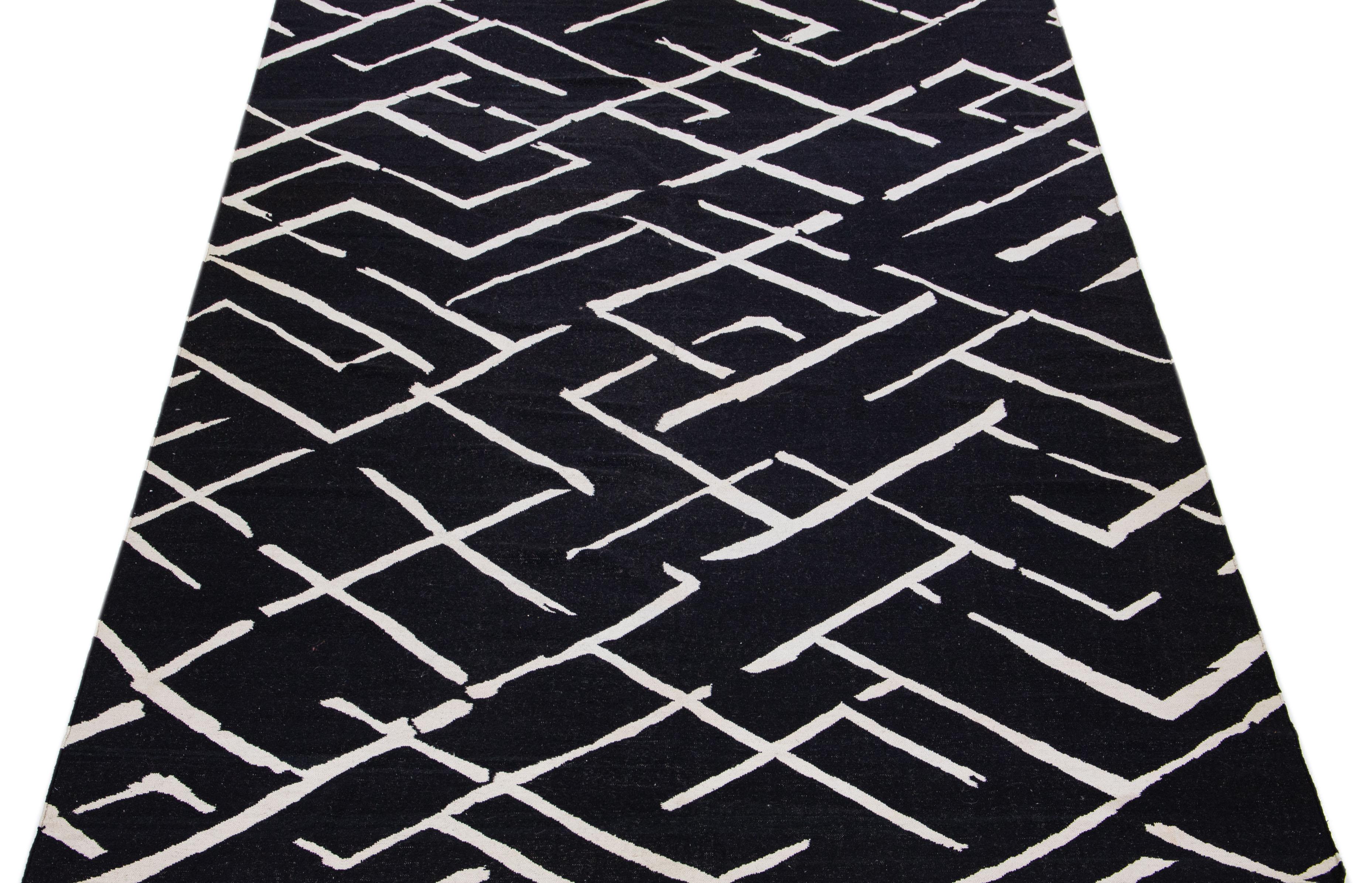 Turkish Black & White Modern Kilim Flatweave Wool Rug with Geometric Pattern For Sale