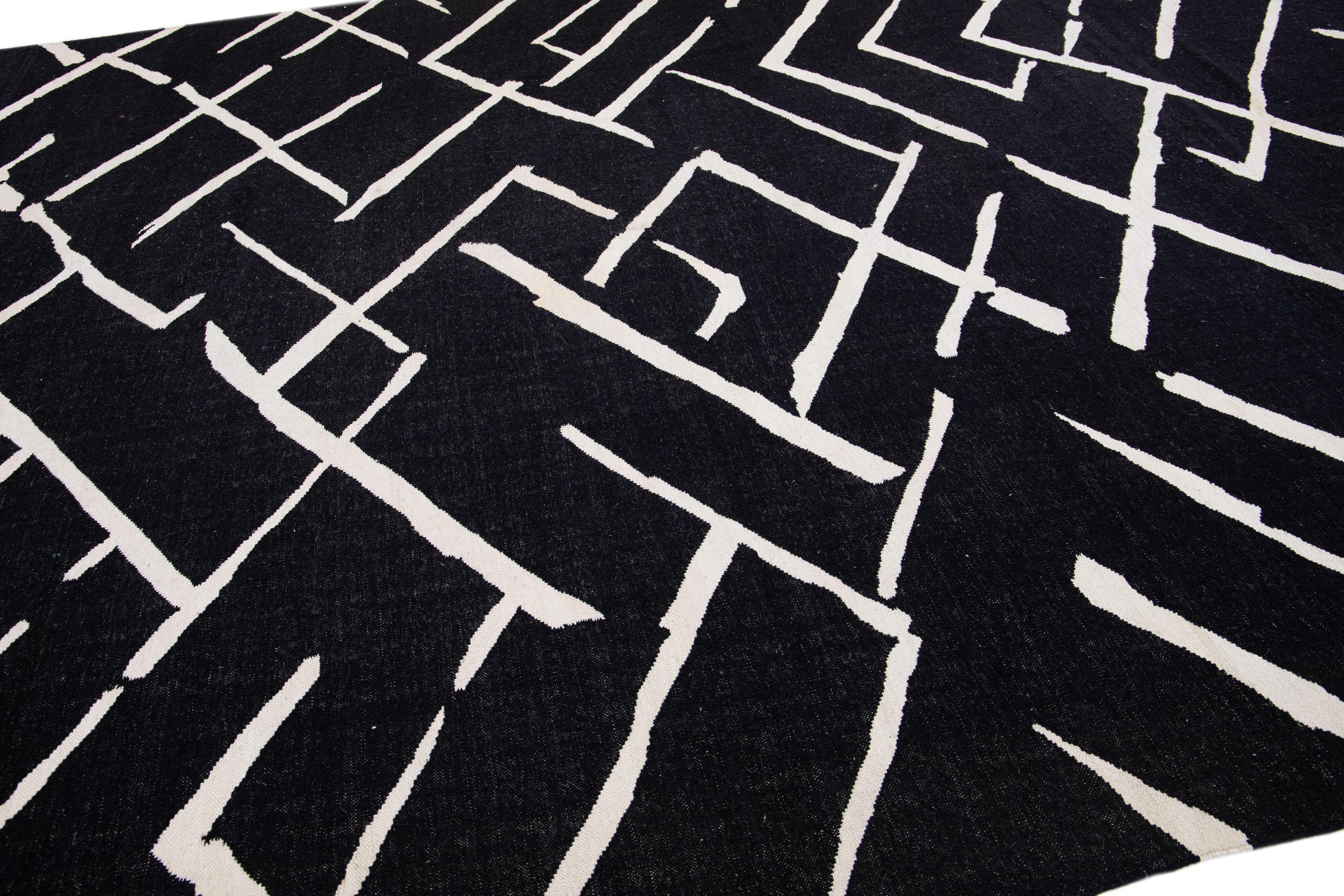 Hand-Knotted Black & White Modern Kilim Flatweave Wool Rug with Geometric Pattern For Sale