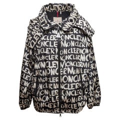 Black & White Moncler Logo Print Hooded Windbreaker Designer Size 3