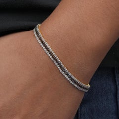 Natural Black White Diamond Pave Triple Line Bracelet in Solid 14K Yellow Gold