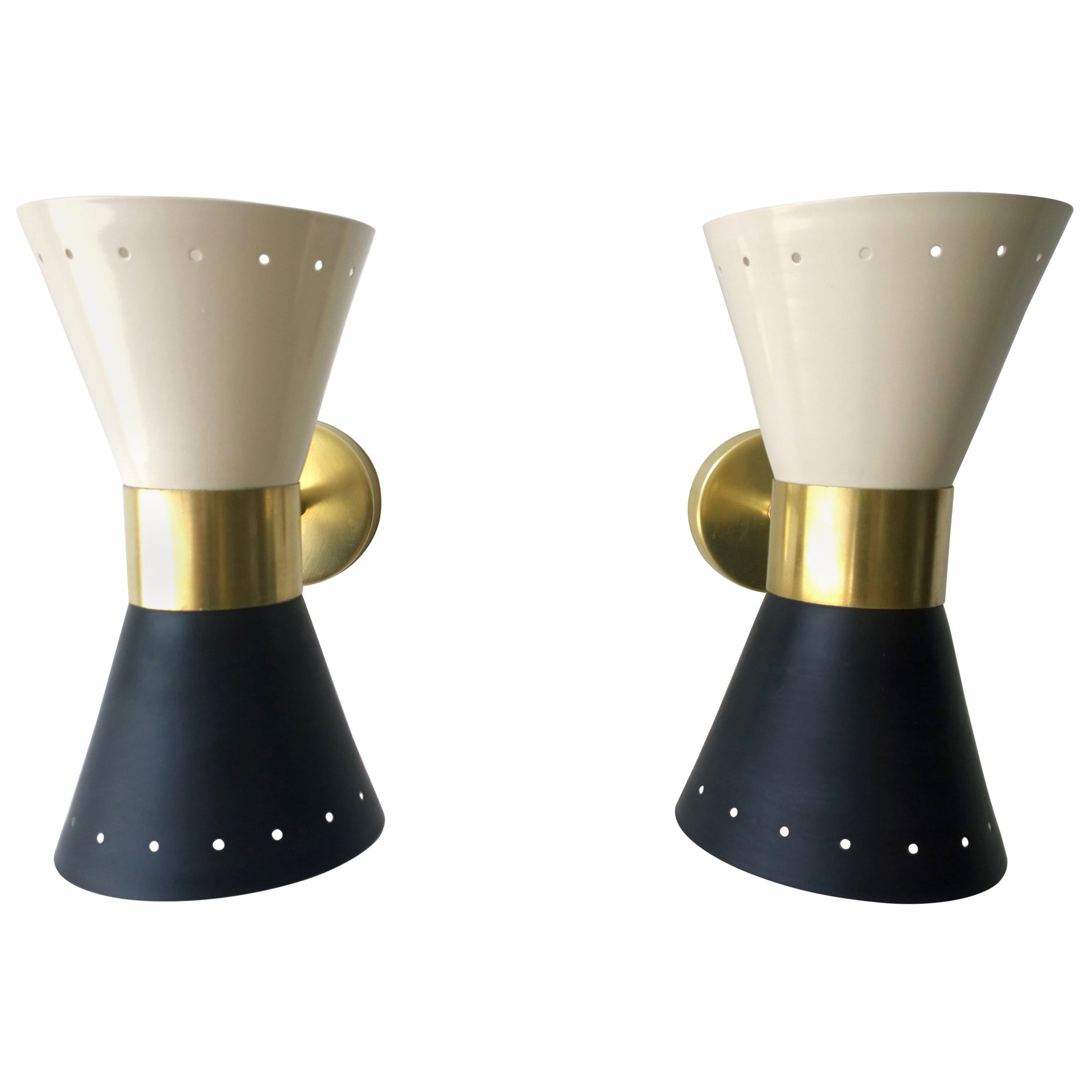 Black & White Newly Enameled Brass Double Cone Sconces with Brass Accents, Pair For Sale