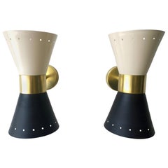 Vintage Black & White Newly Enameled Brass Double Cone Sconces with Brass Accents, Pair