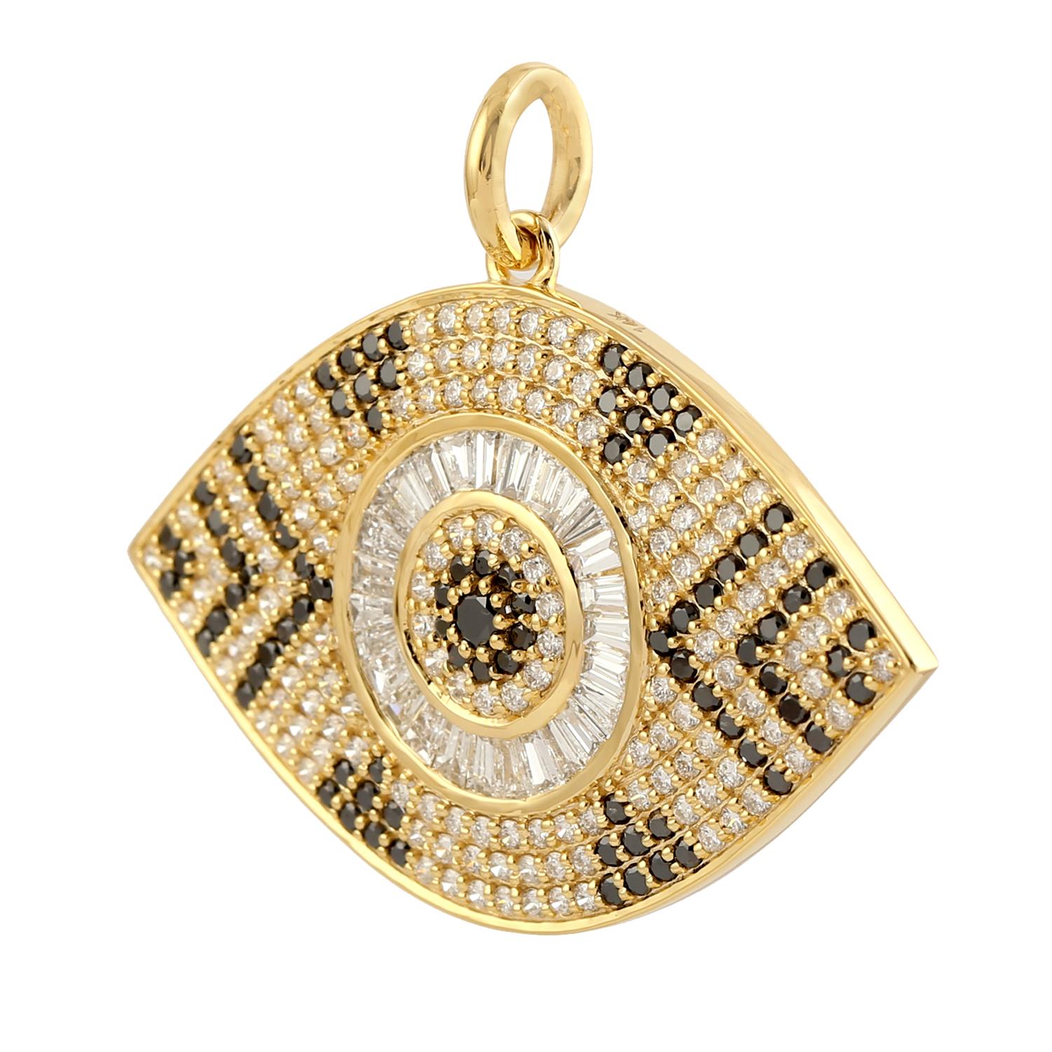 Black & White Pave Diamond Evil Eye Pendant Made In 14k Yellow Gold In condizioni Nuovo in vendita a New York, NY