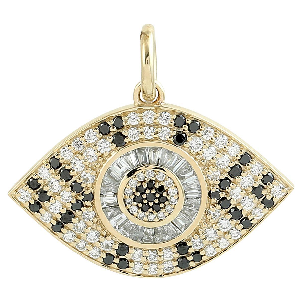 Schwarzer & Weißer Pave Diamant Evil Eye Anhänger aus 14k Gelbgold mit Evil Eye