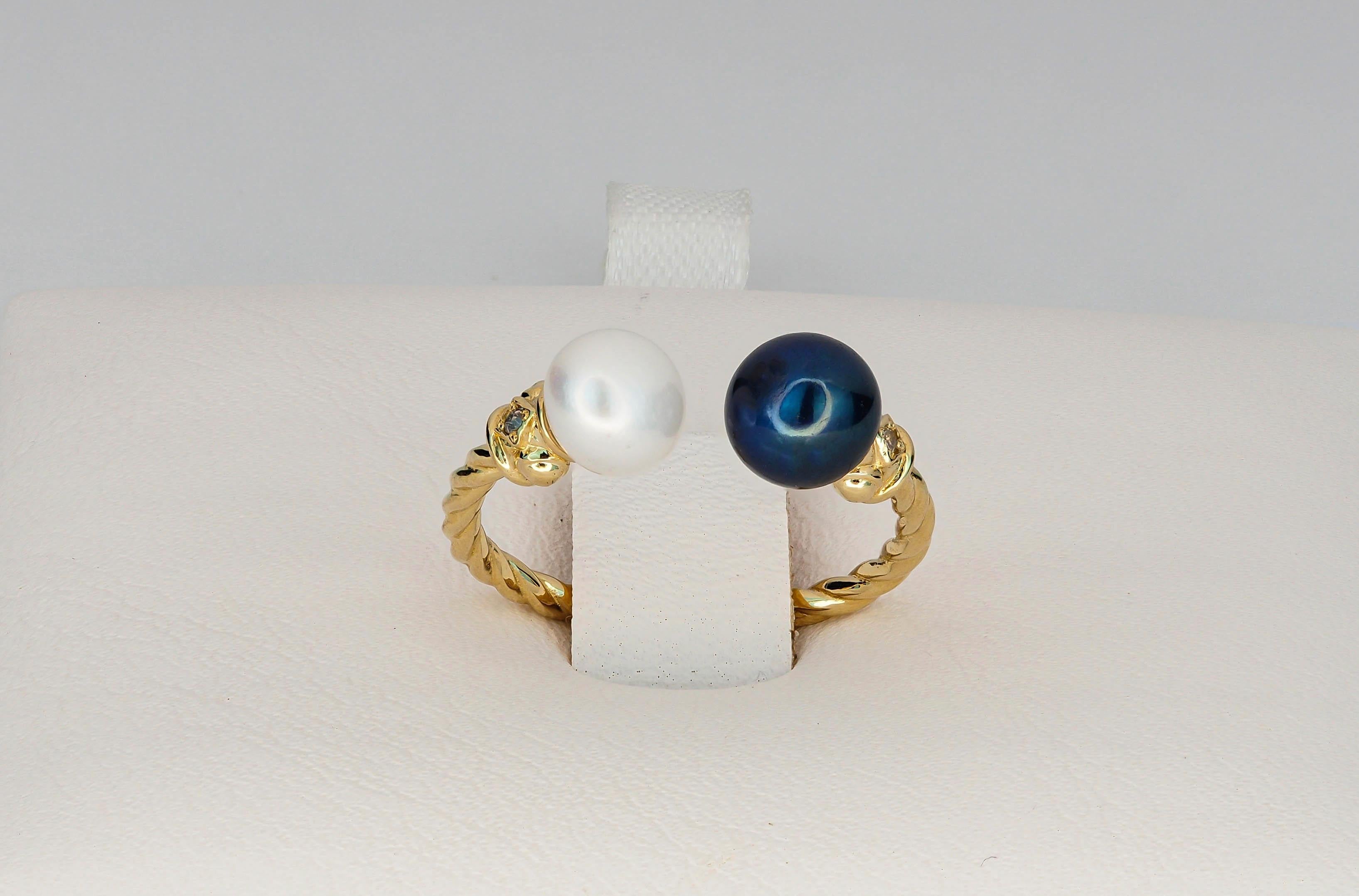 Black, White pearl 14k gold ring.  For Sale 1