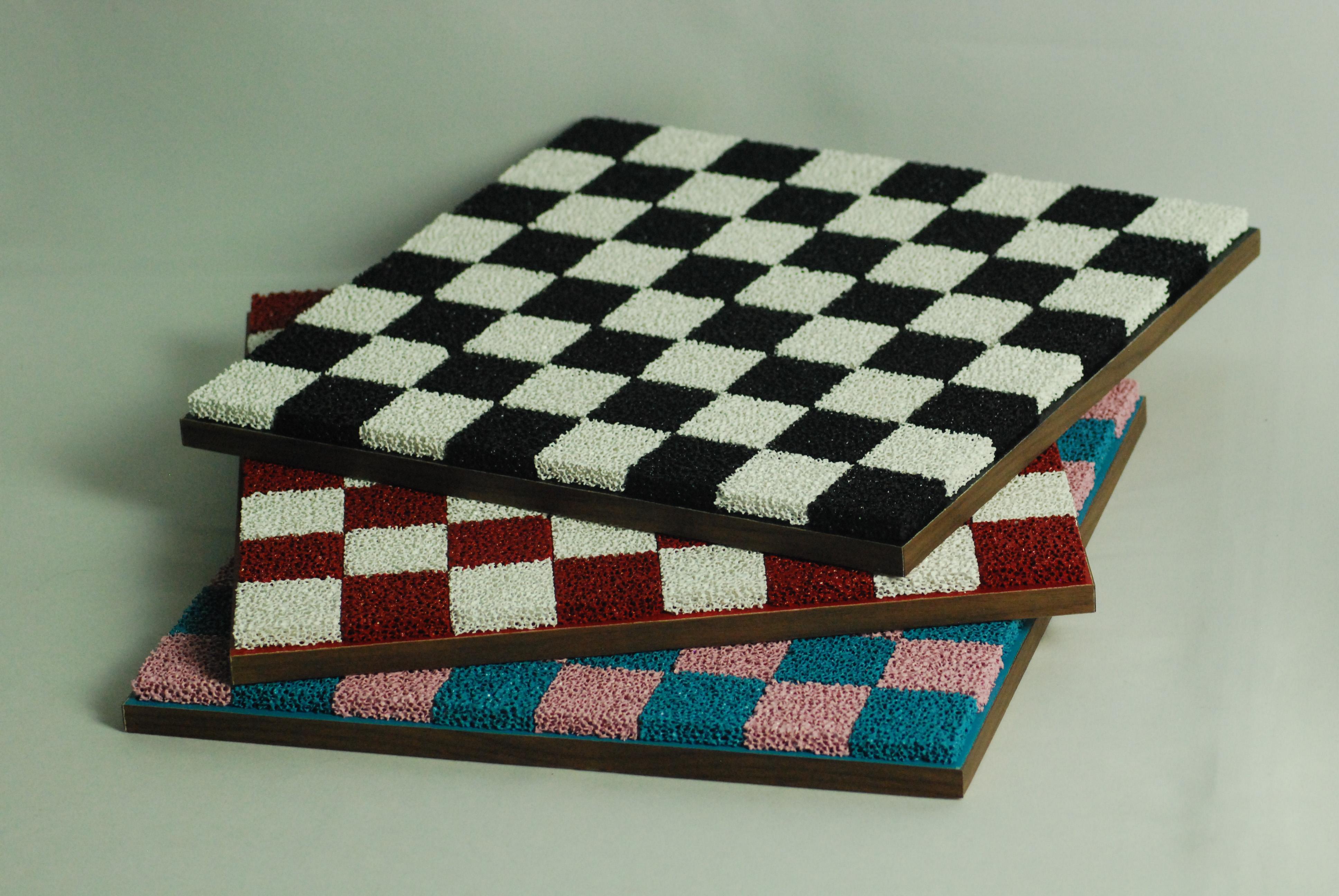 Black + White Porous Ceramic Chess + Checkers Board, Wooden Pieces, Walnut Edge For Sale 2