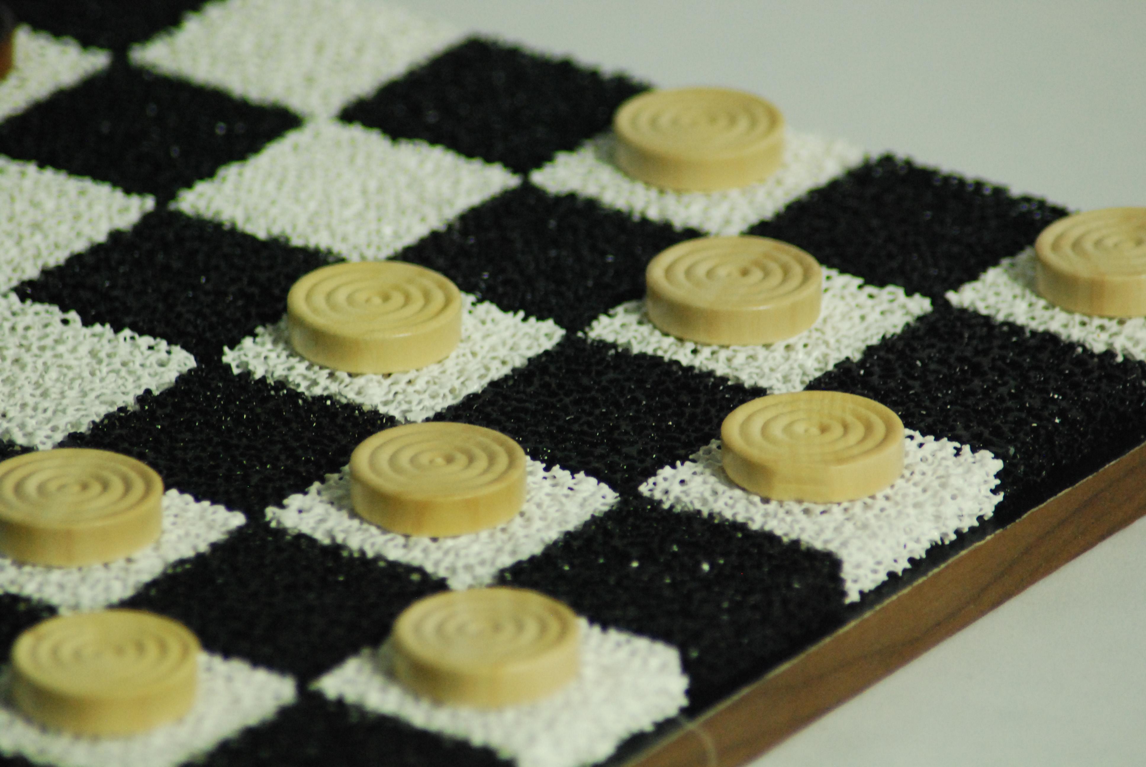 Black + White Porous Ceramic Chess + Checkers Board, Wooden Pieces, Walnut Edge For Sale 3