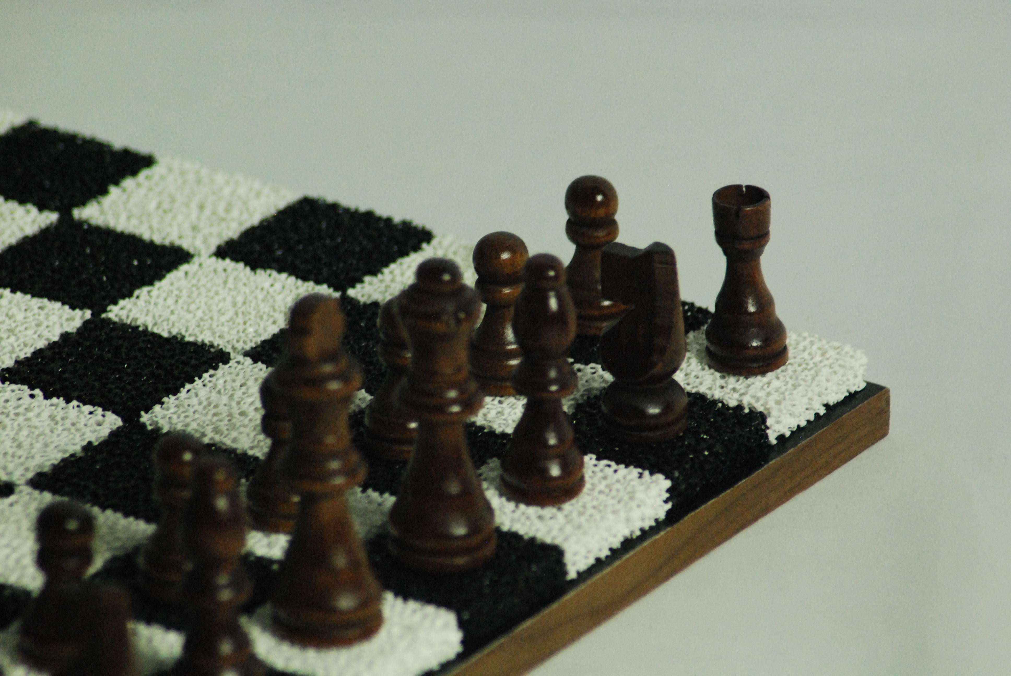 Black + White Porous Ceramic Chess + Checkers Board, Wooden Pieces, Walnut Edge For Sale 5