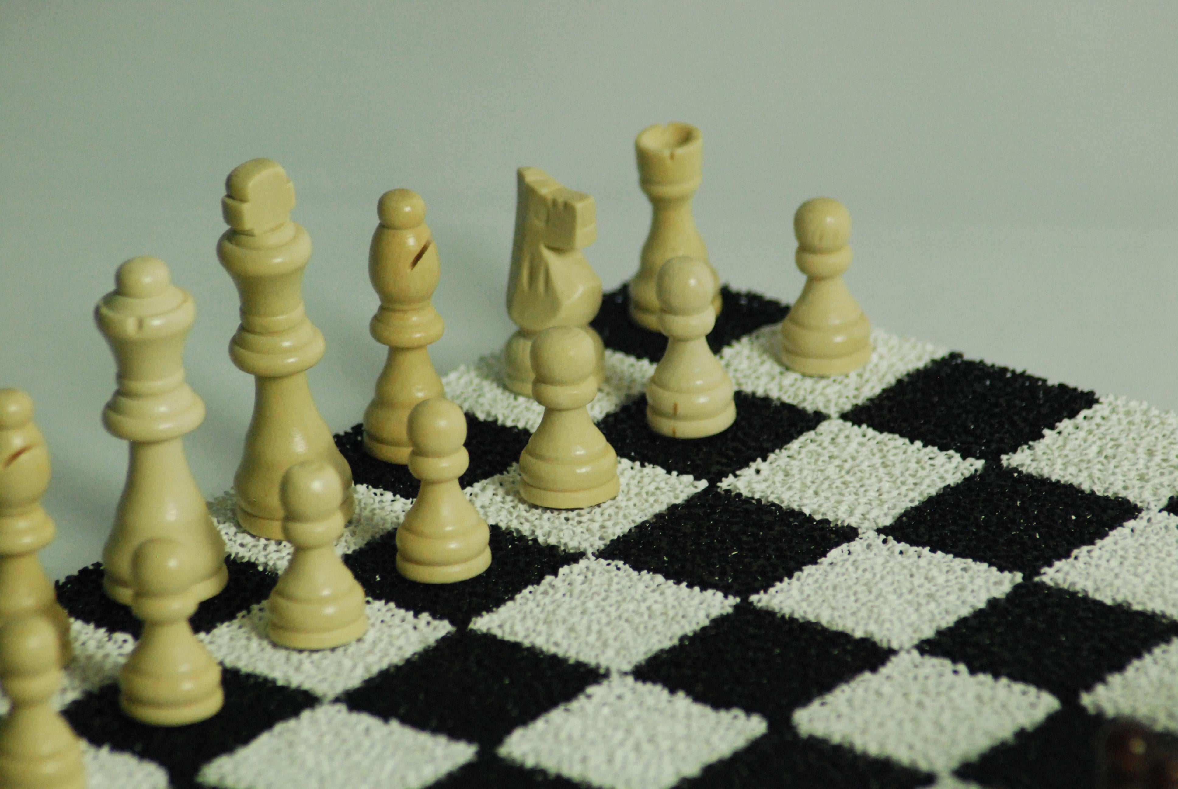 Black + White Porous Ceramic Chess + Checkers Board, Wooden Pieces, Walnut Edge For Sale 6
