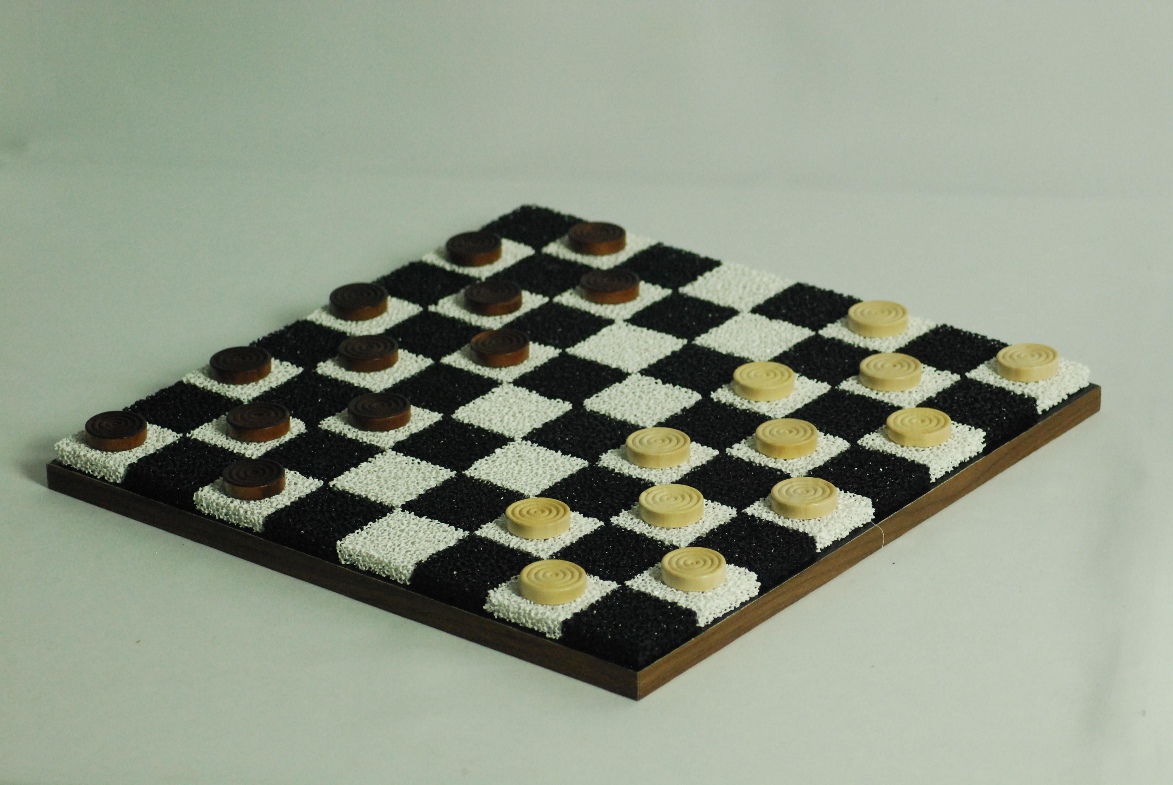 Black + White Porous Ceramic Chess + Checkers Board, Wooden Pieces, Walnut Edge For Sale 7