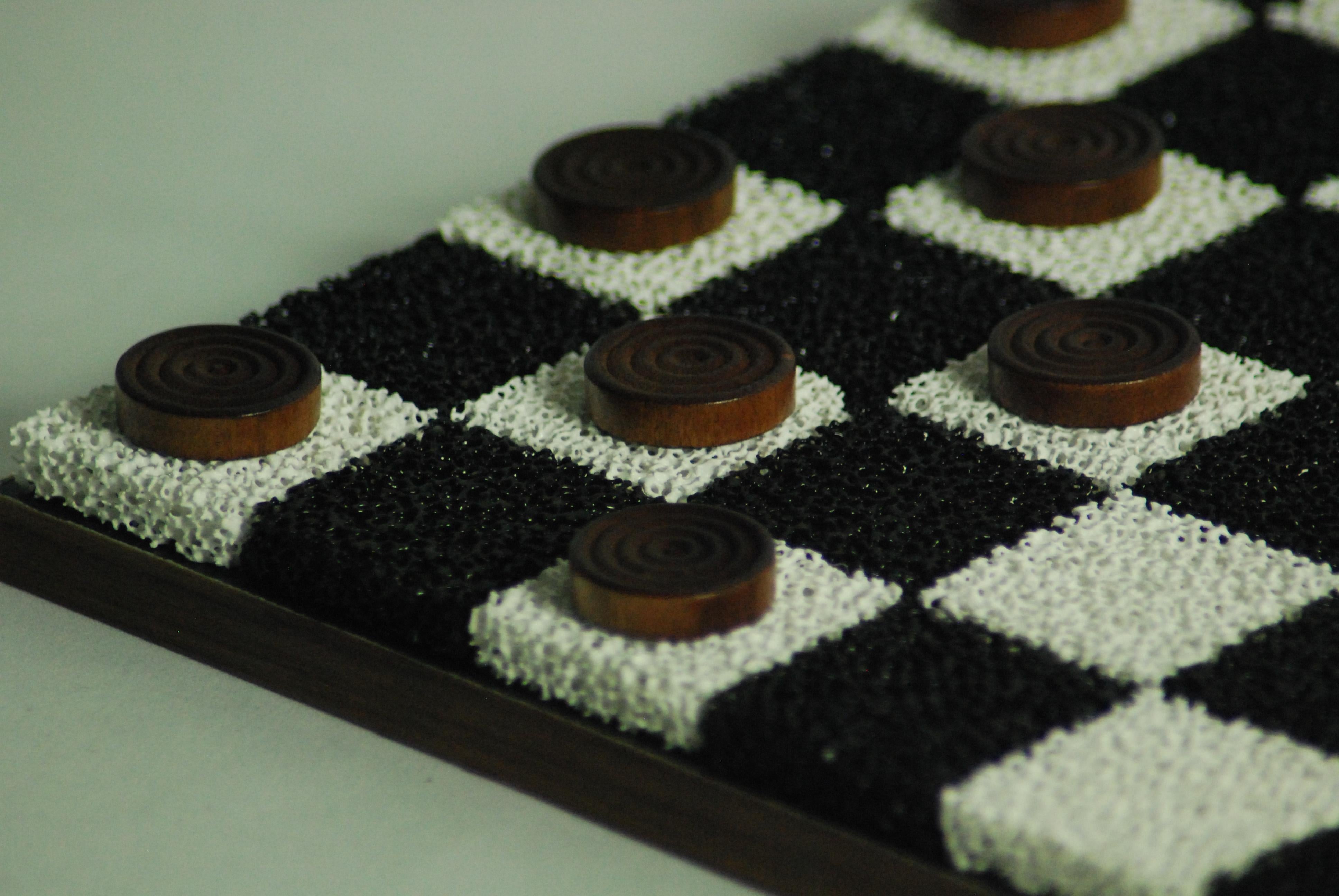 British Black + White Porous Ceramic Chess + Checkers Board, Wooden Pieces, Walnut Edge For Sale