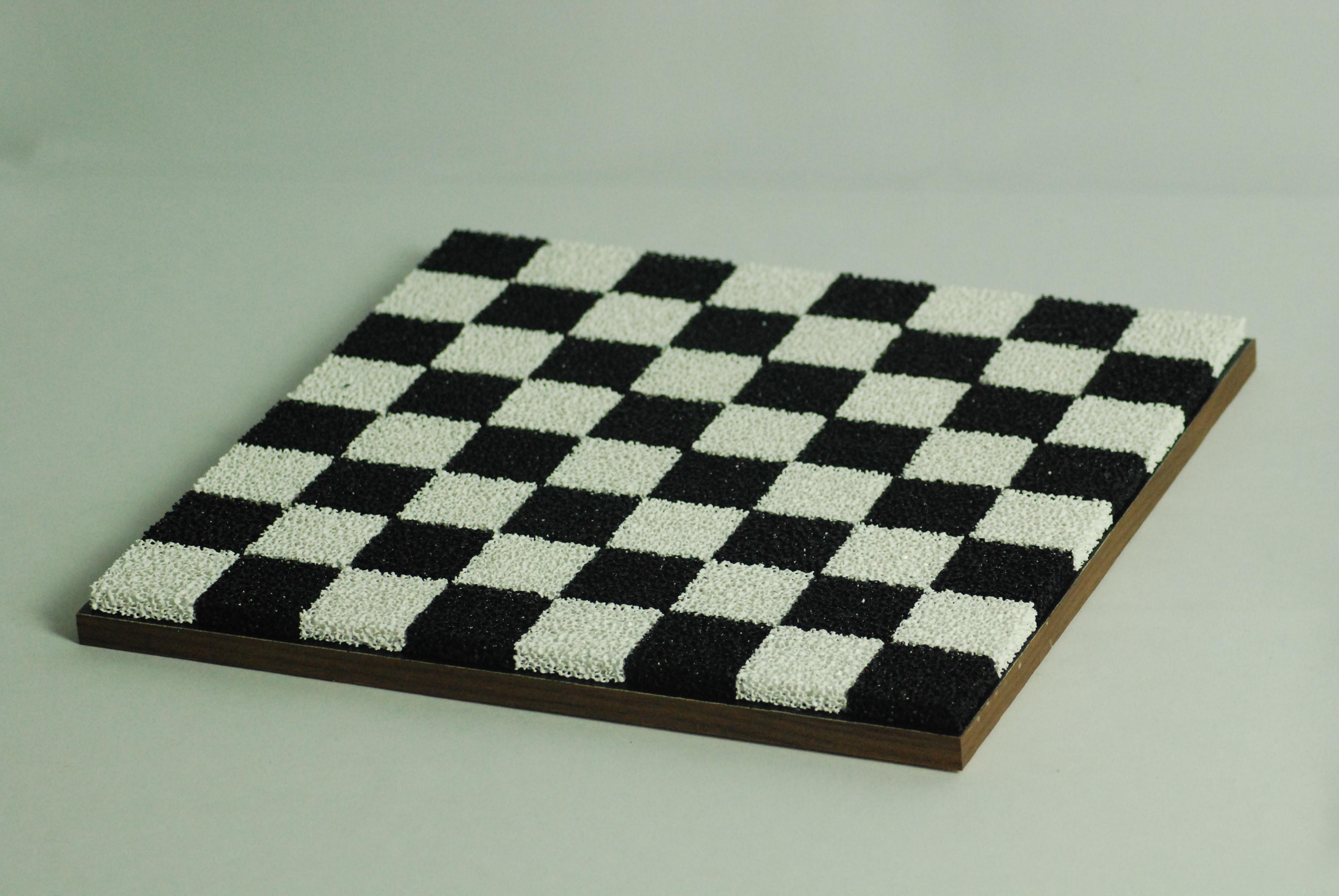 Hand-Carved Black + White Porous Ceramic Chess + Checkers Board, Wooden Pieces, Walnut Edge For Sale