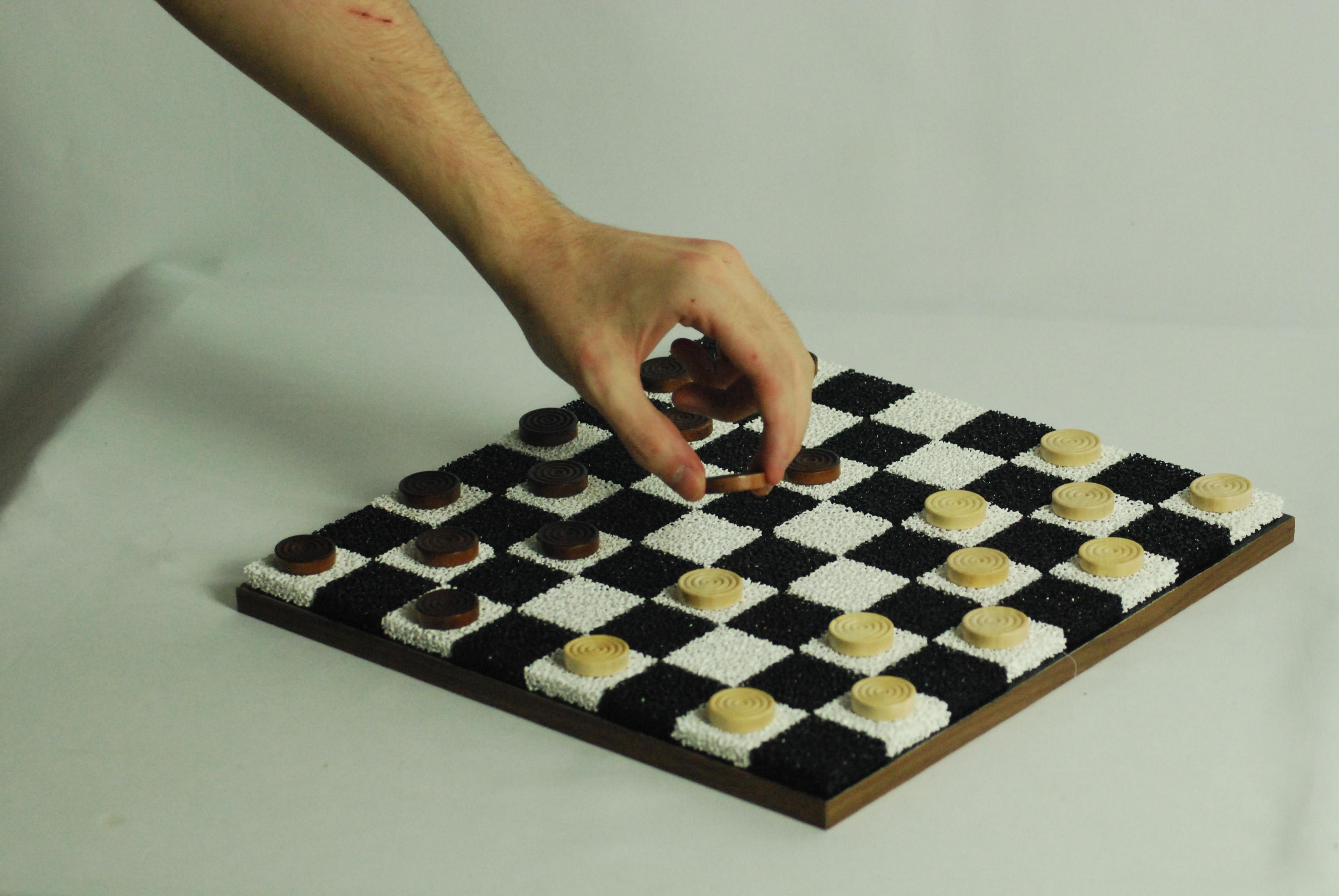 Black + White Porous Ceramic Chess + Checkers Board, Wooden Pieces, Walnut Edge For Sale 1