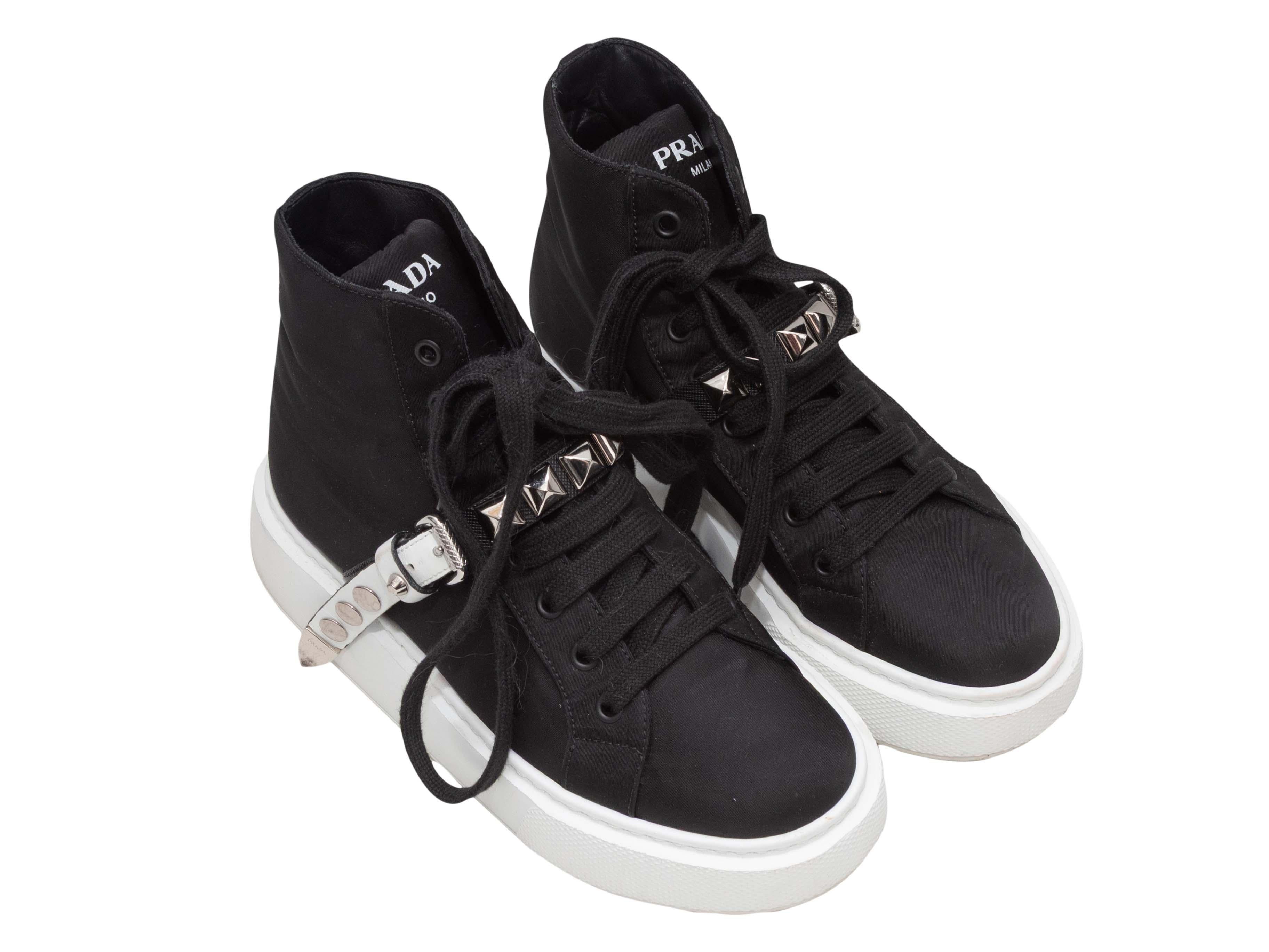 Black and White Prada Nylon High-Top Studded Strap Sneakers For