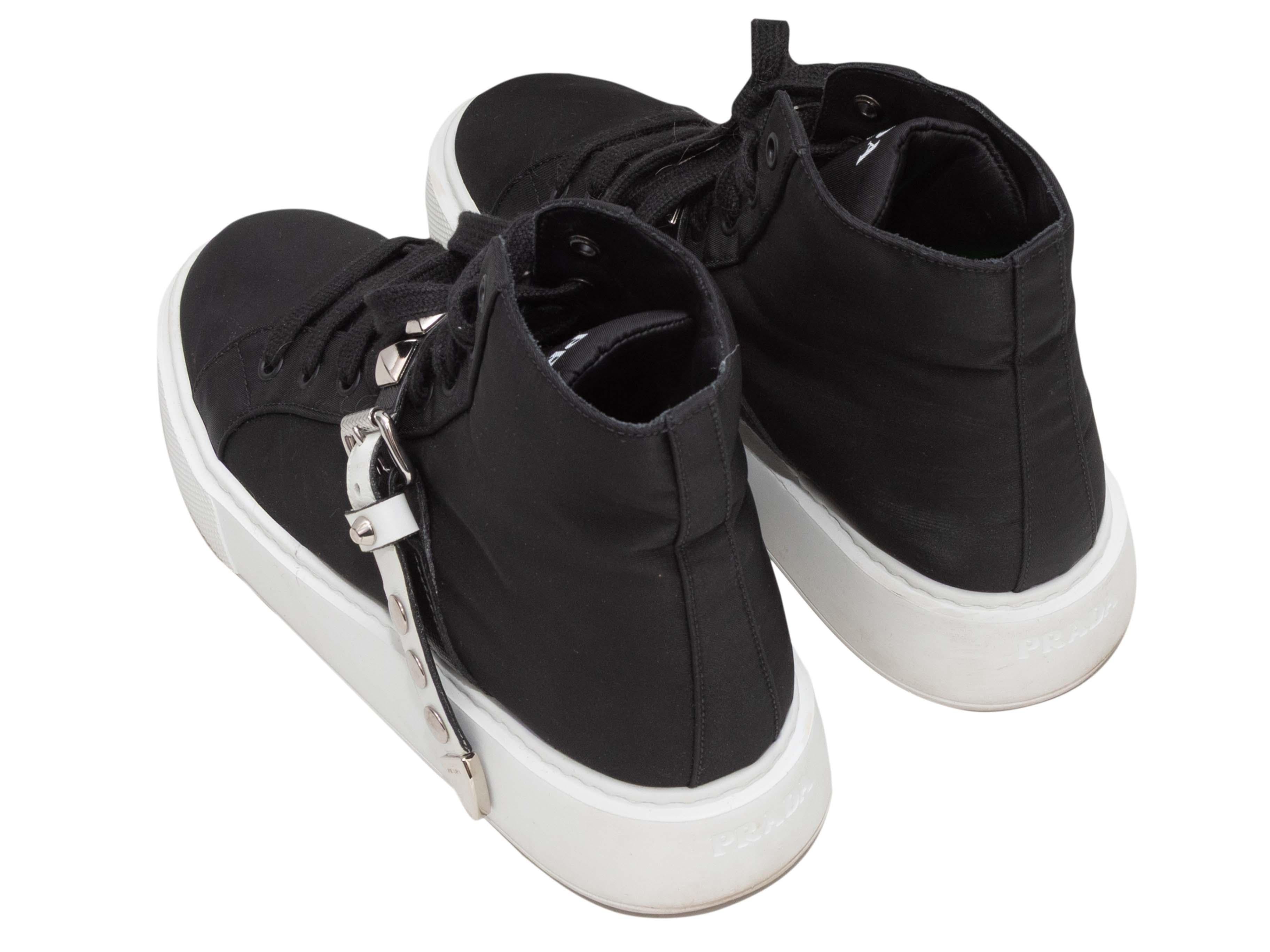 Black and White Prada Nylon High-Top Studded Strap Sneakers For