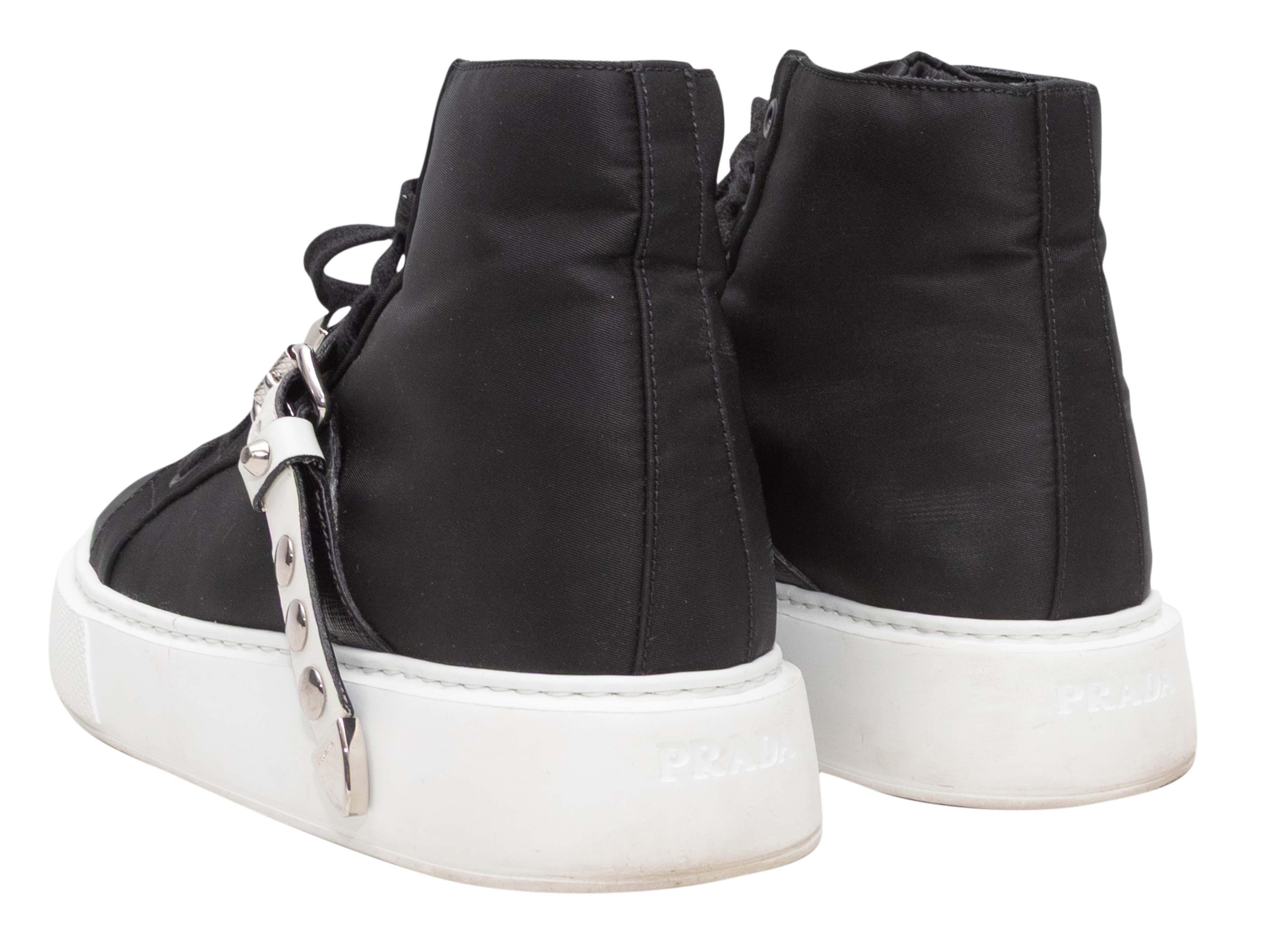 Black and White Prada Nylon High-Top Studded Strap Sneakers For