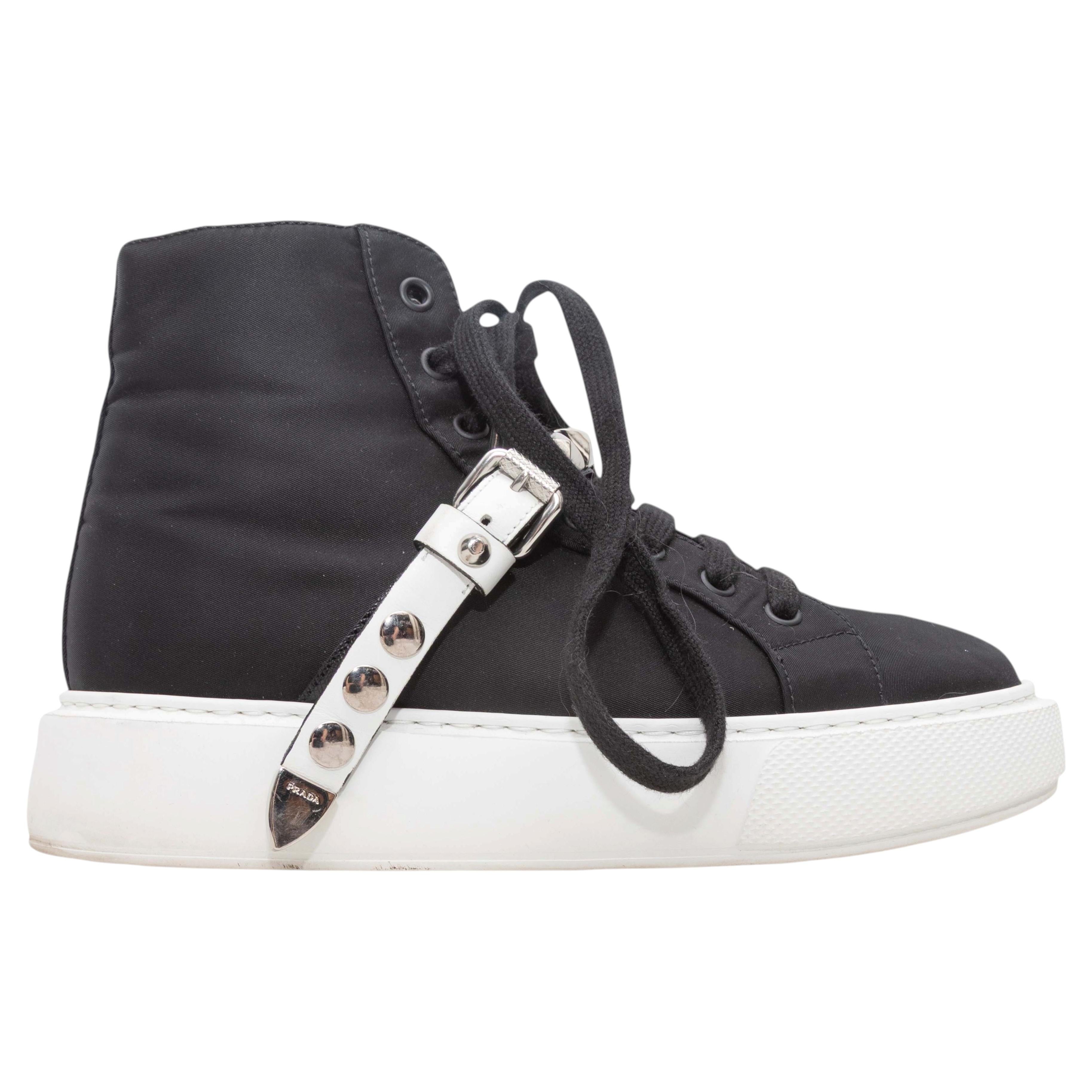 Black and White Prada Nylon High-Top Studded Strap Sneakers For