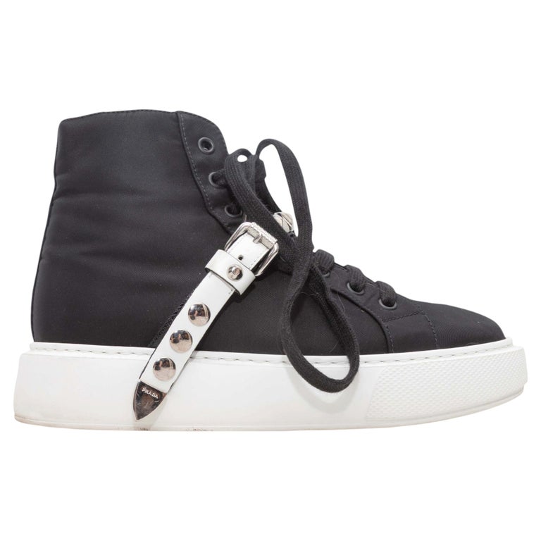 Black and White Prada Nylon High-Top Studded Strap Sneakers  display picture 2