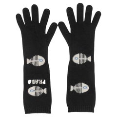 Black & White Prada Virgin Wool & Cashmere Fish Patterned Gloves Size US L