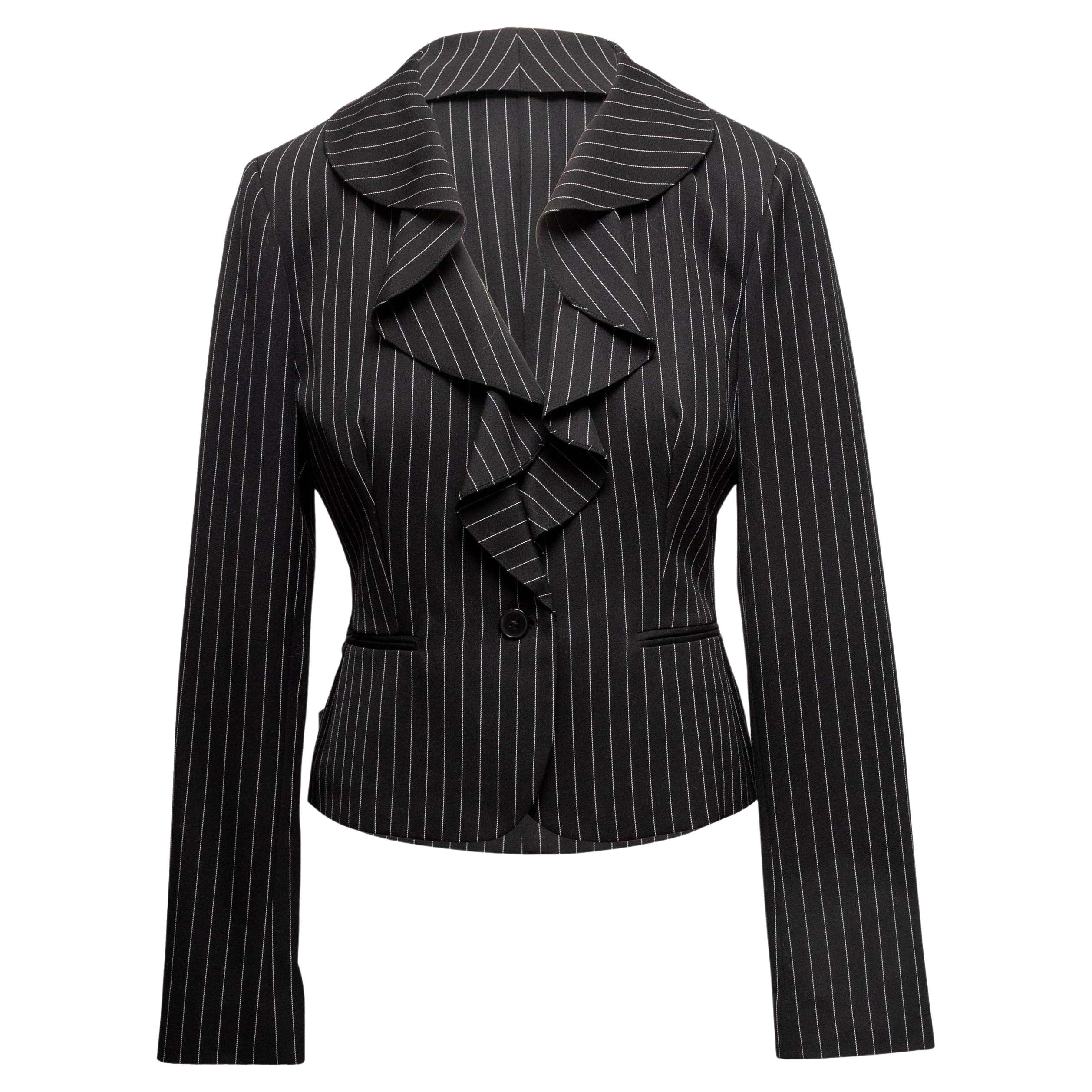 Black & White Ralph Lauren Wool Pinstripe Ruffle Blazer Size US 8