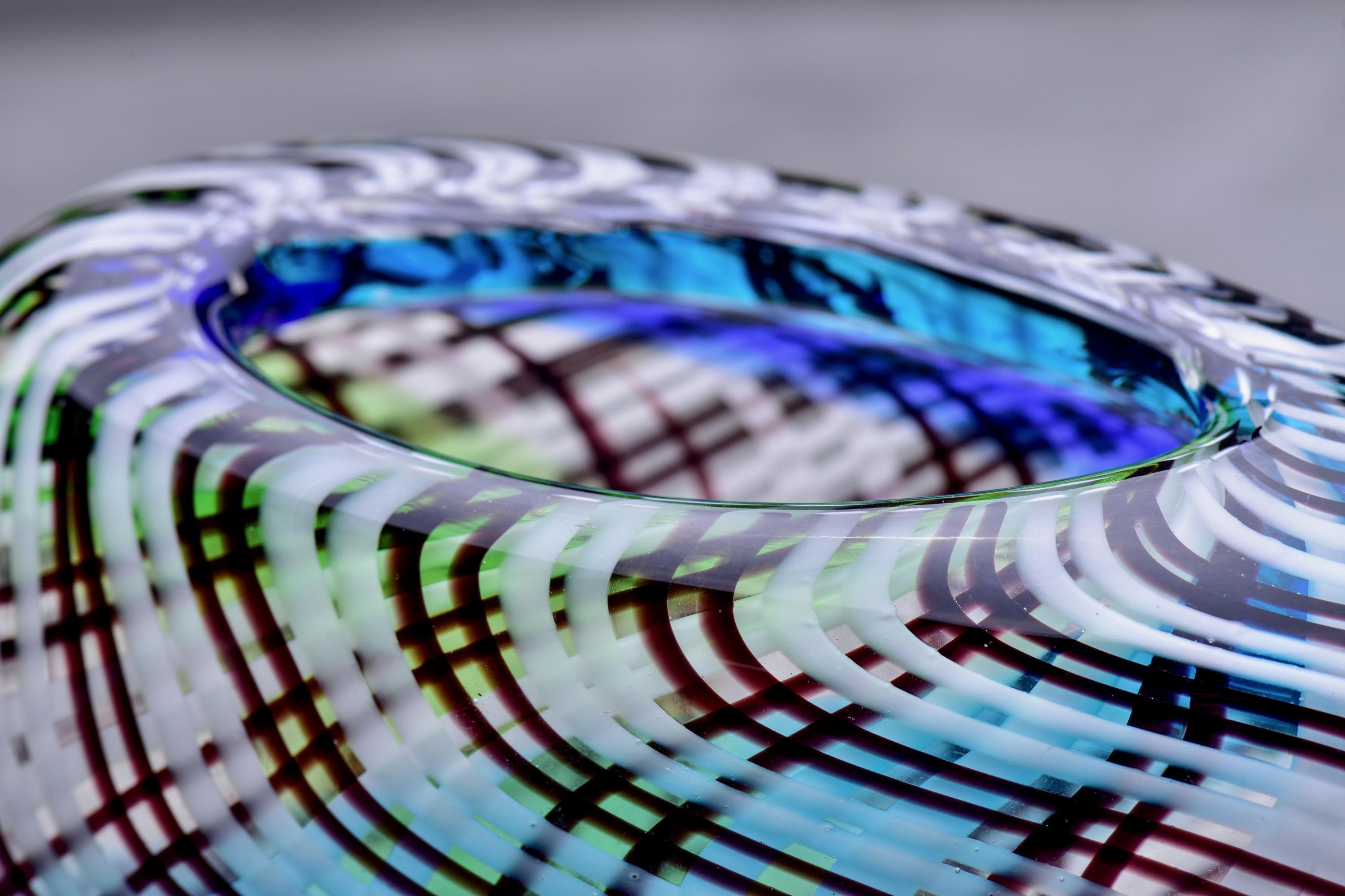 Black White Ribbon Striped Murano Vase with Green and Blue Accents 3