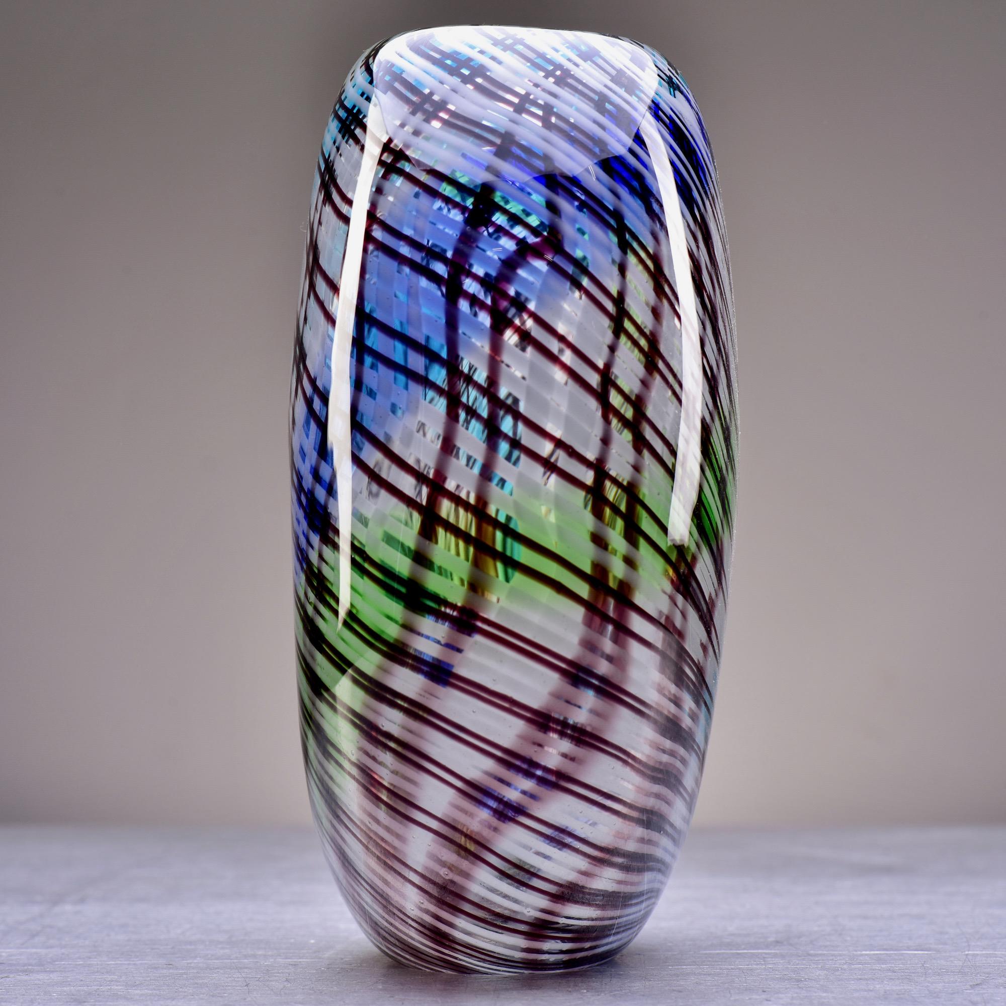 Contemporary Black White Ribbon Striped Murano Vase with Green and Blue Accents For Sale