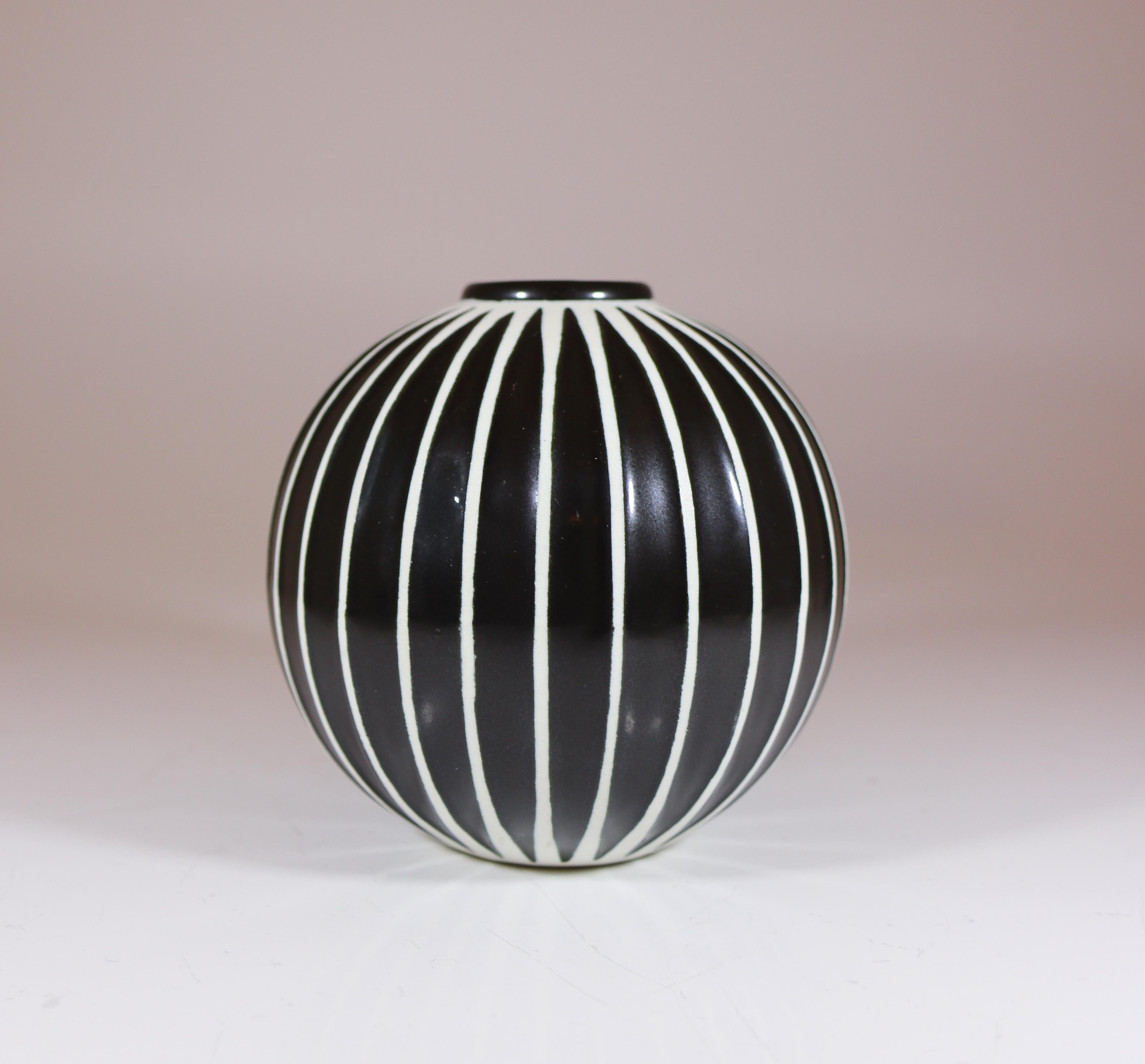 Ceramic Black & White Round Spheral Vase Domino, Stig Lindberg, Gustavsberg, 1950s For Sale