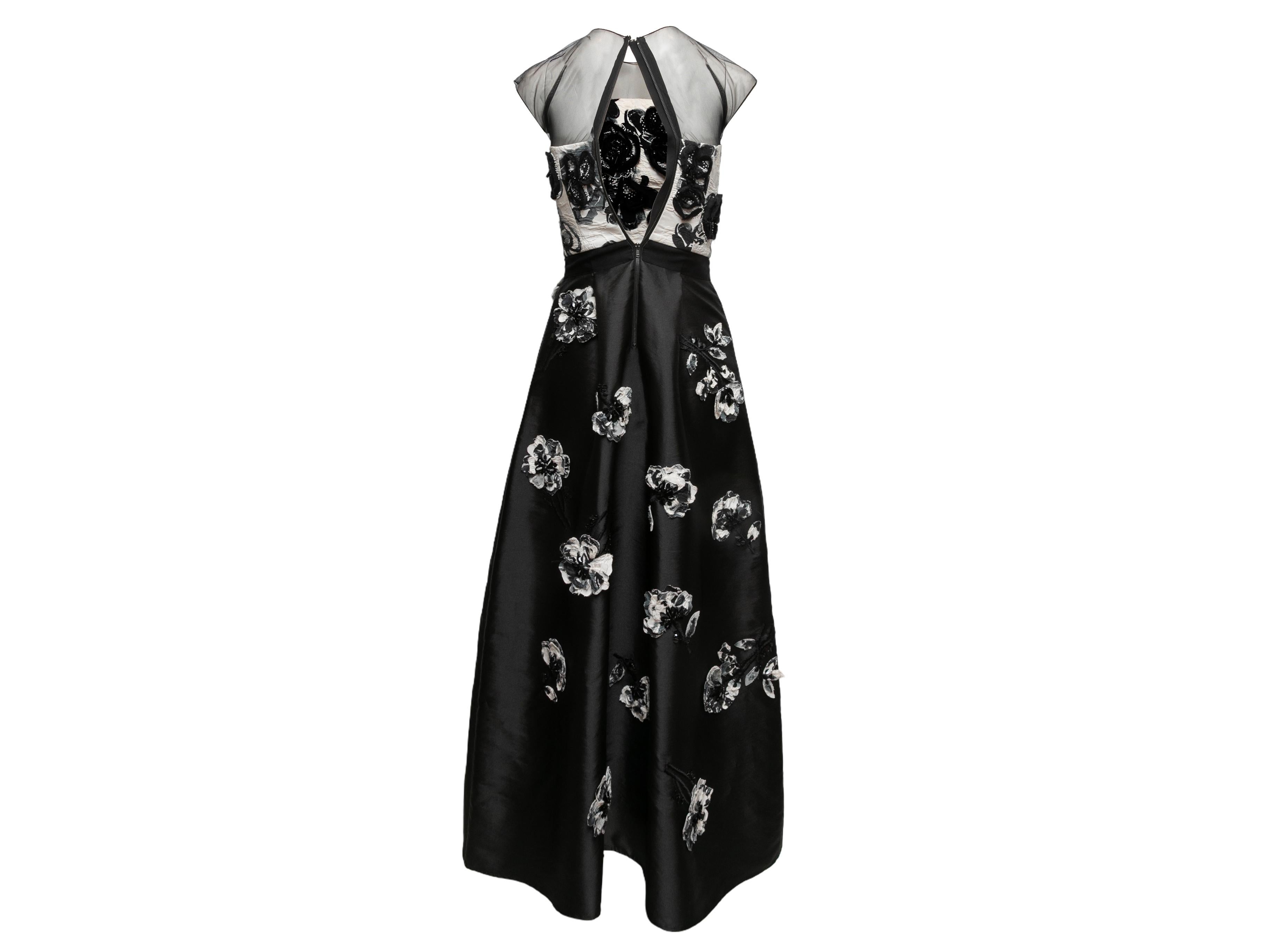 Black & White Sachin & Babi Noir Floral Applique Evening Dress Size US XS In Good Condition In New York, NY
